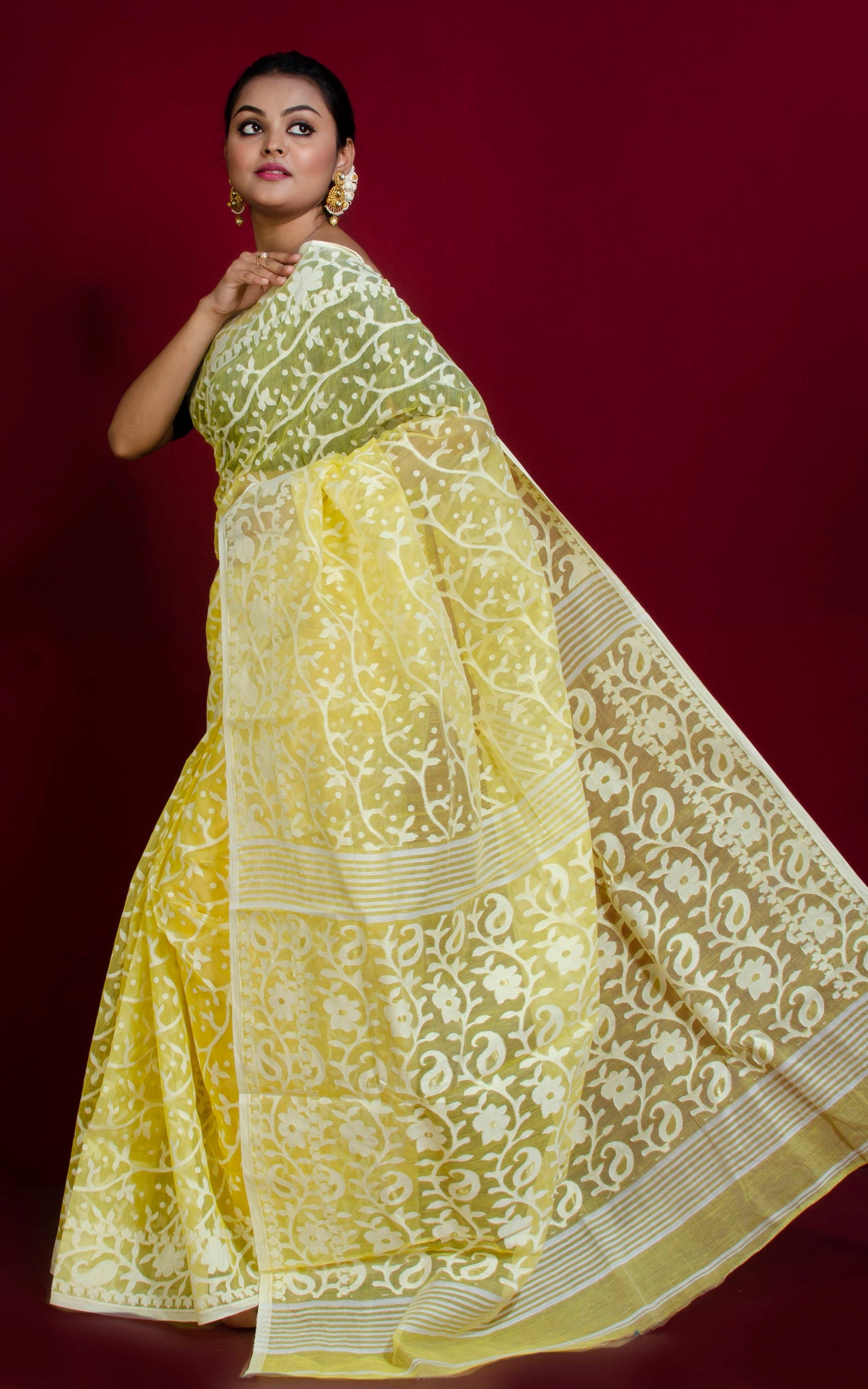 Sholapuri Work Jamdani Saree in Light Yellow, White and Gold