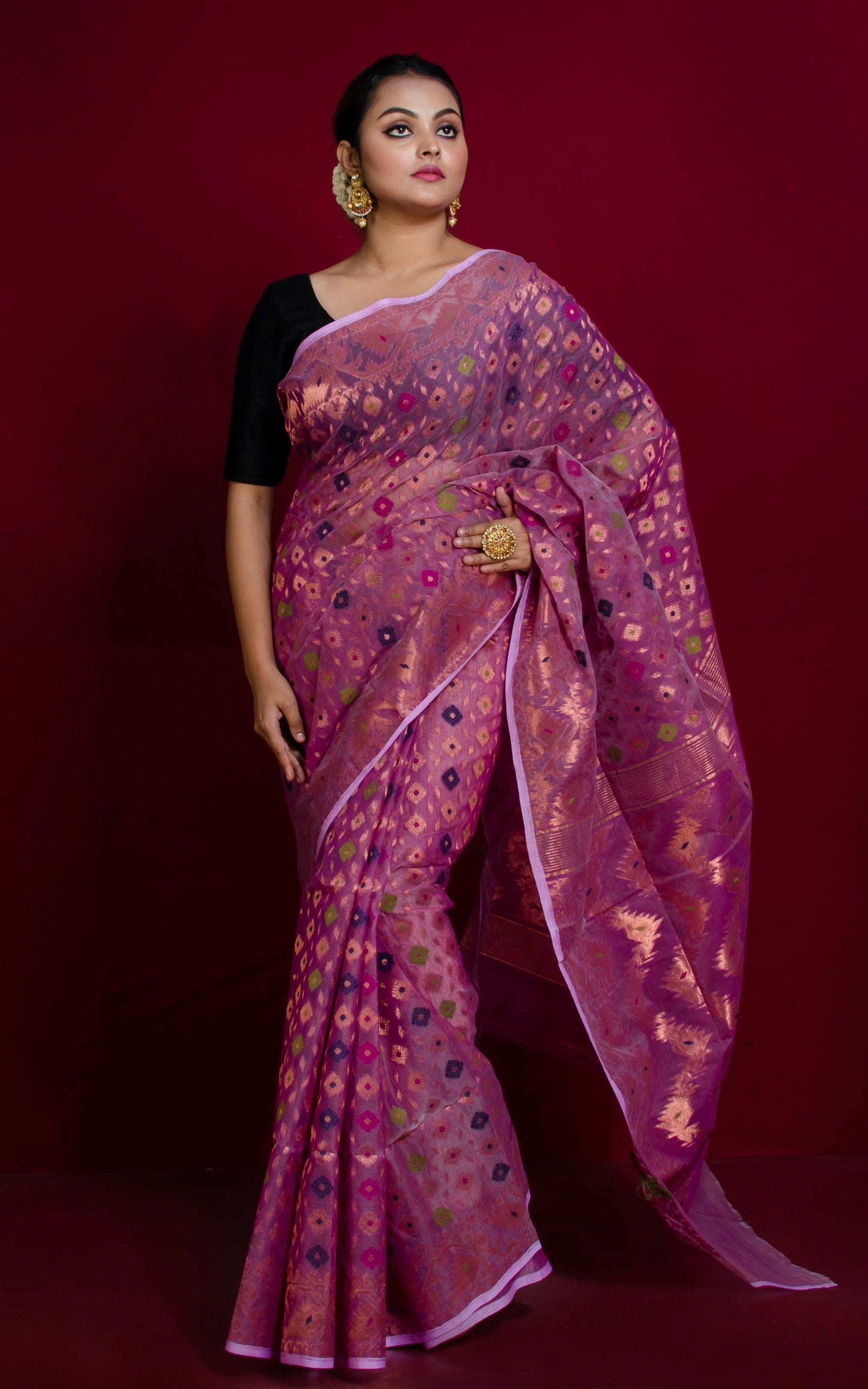 Exclusive Zari Dhakai Jamdani Saree in Purple, Copper and Multicolored Meenakari Work