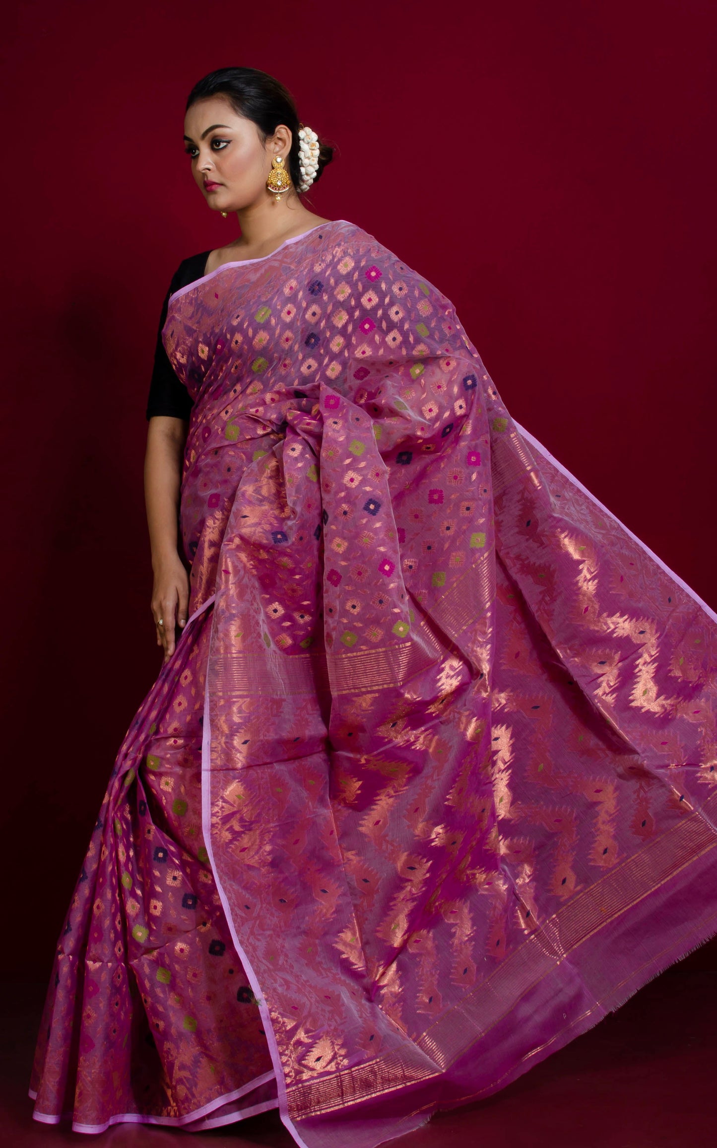 Exclusive Zari Dhakai Jamdani Saree in Purple, Copper and Multicolored Meenakari Work