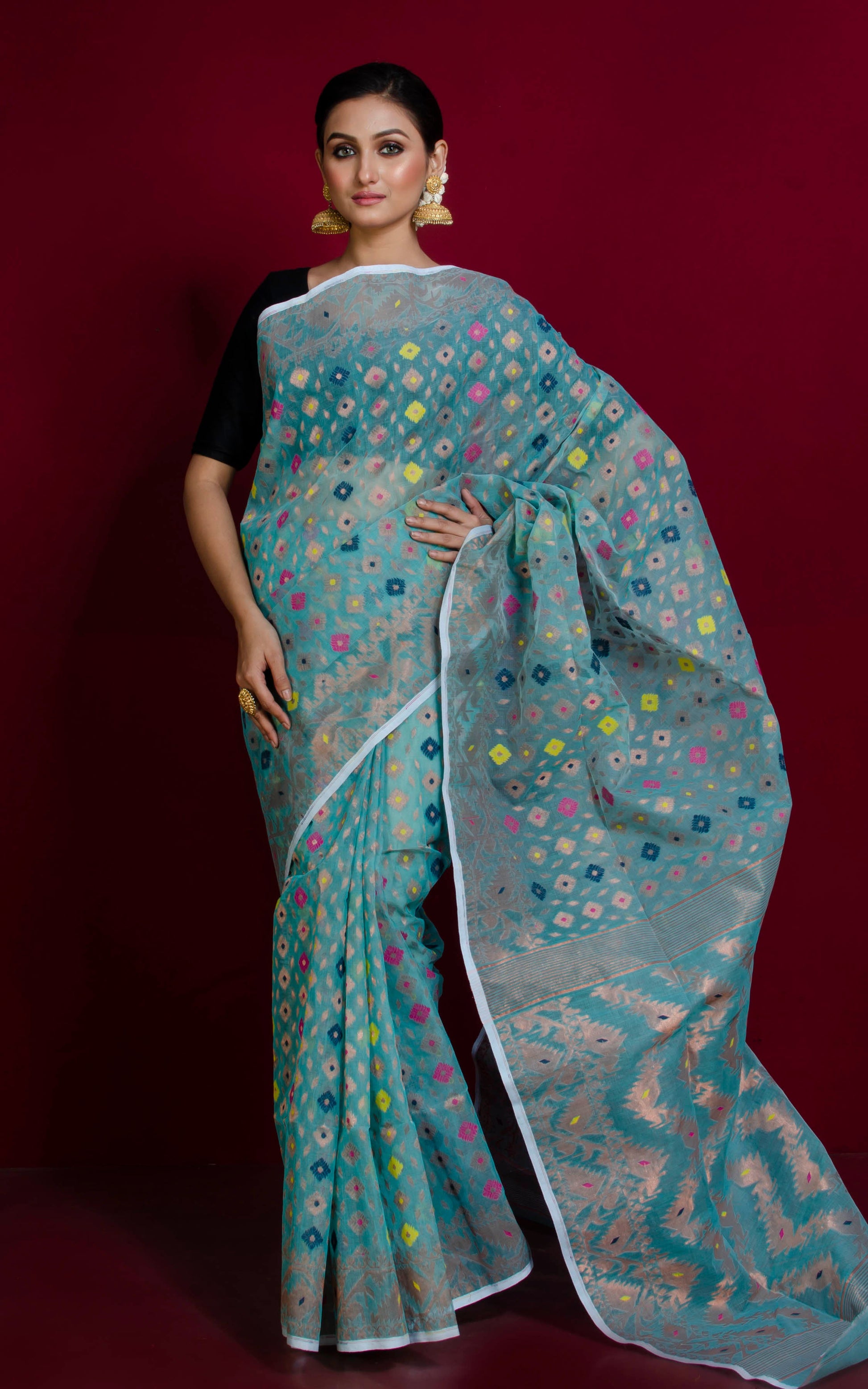 Exclusive Zari Dhakai Jamdani Saree in Pastel Blue, Copper and Multicolored Meenakari Work