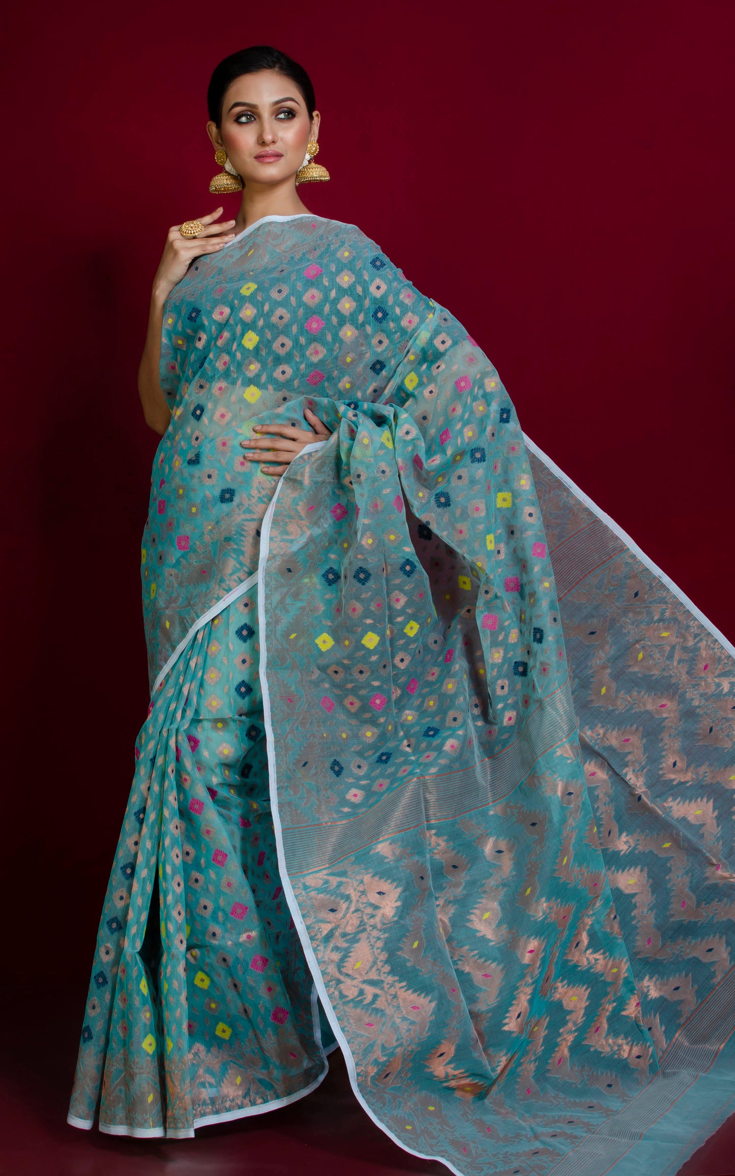 Exclusive Zari Dhakai Jamdani Saree in Pastel Blue, Copper and Multicolored Meenakari Work