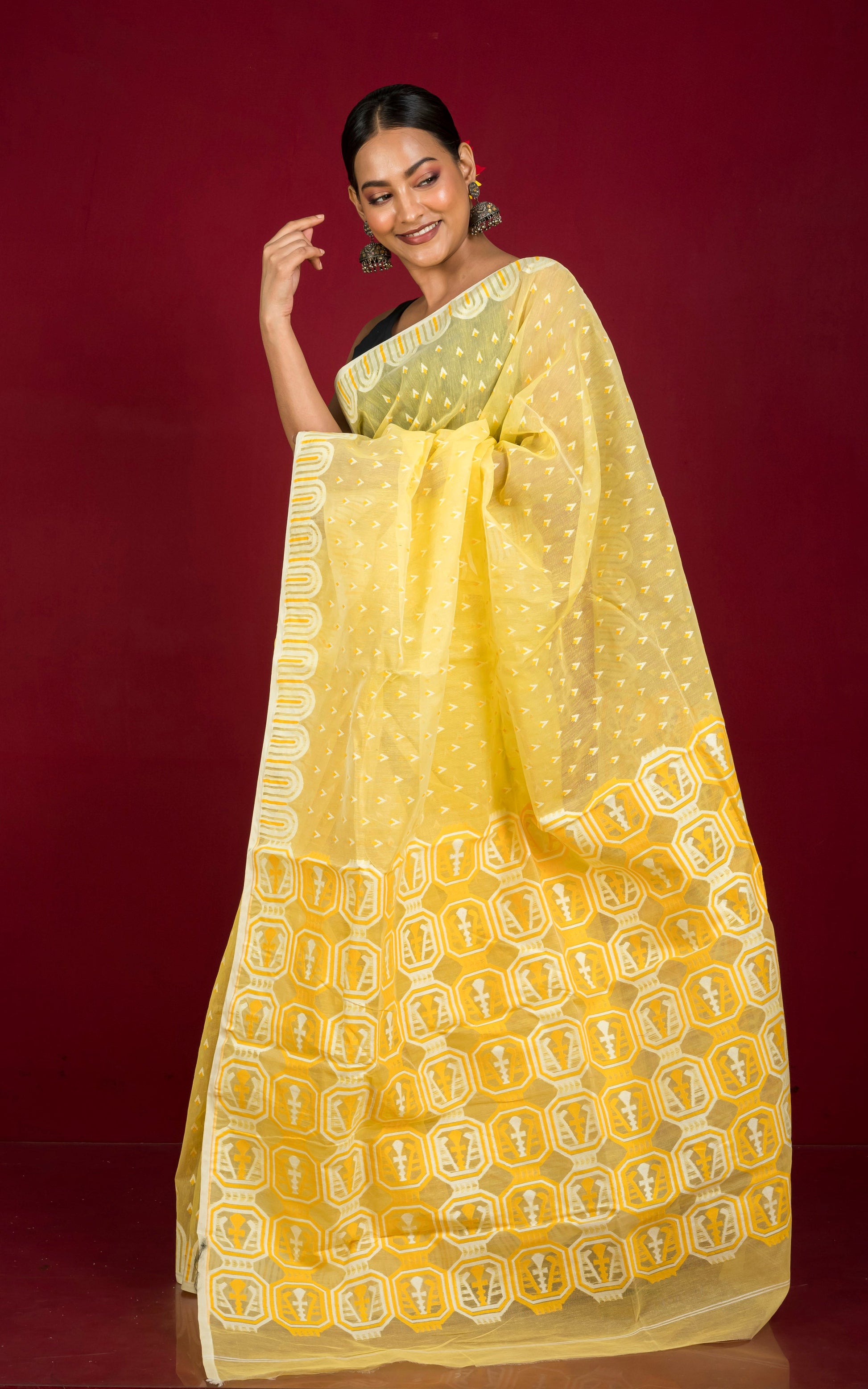 Handwoven Jamdani Saree in Light Yellow, Amber and Off White