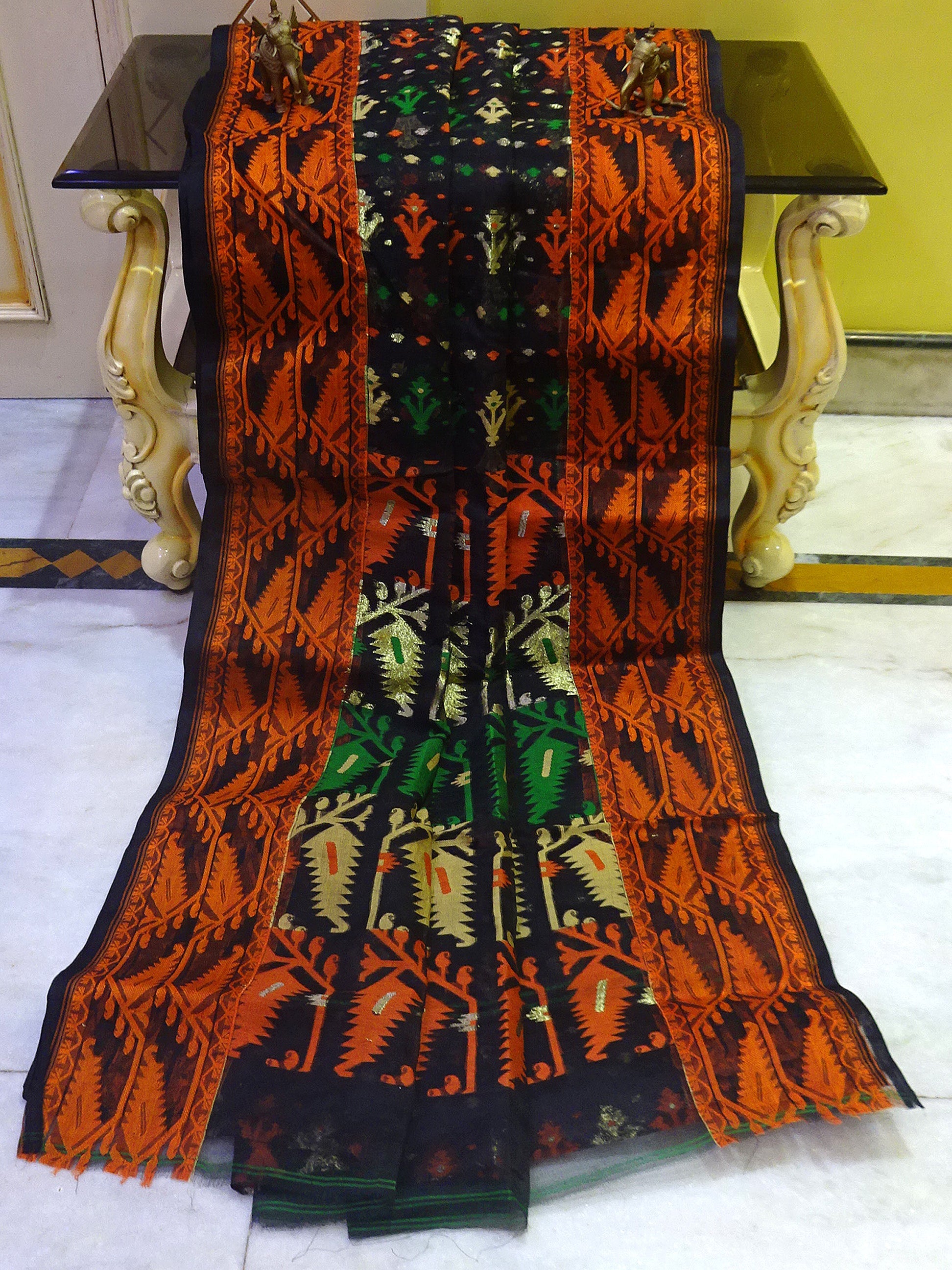 Muslin Jamdani Saree in Black and Multicolored Thread Work