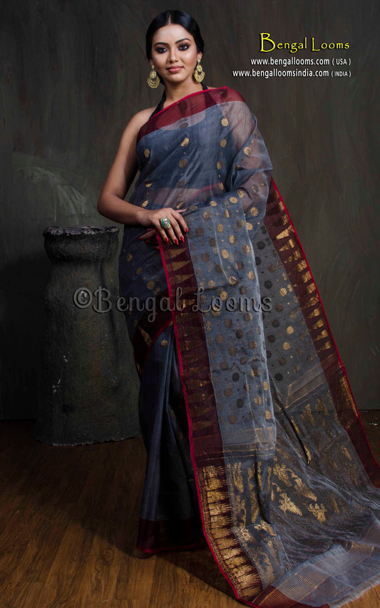 Soft Dhakai Jamdani Saree in Charcoal Black, Red and Antique Gold