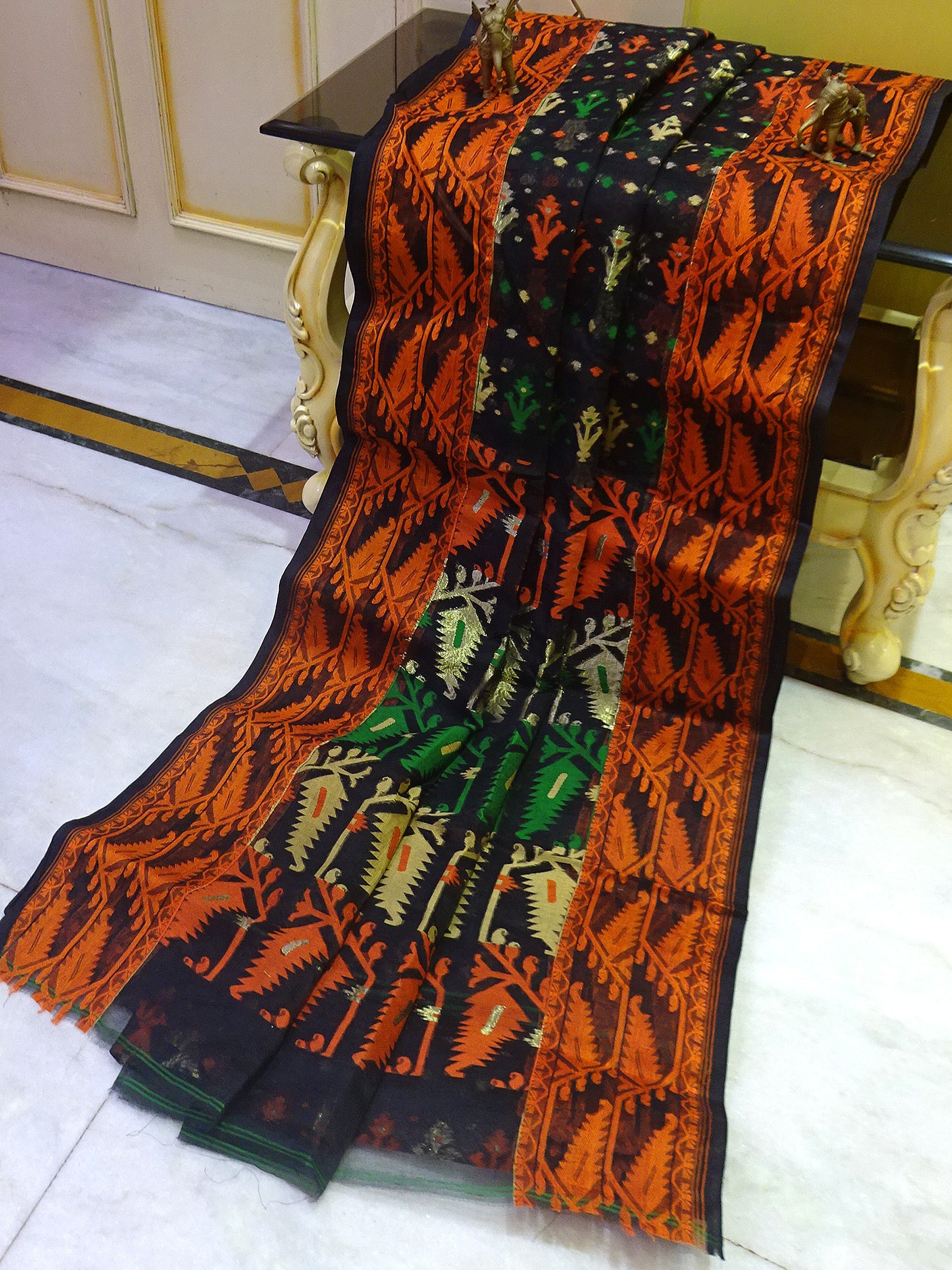 Muslin Jamdani Saree in Black and Multicolored Thread Work