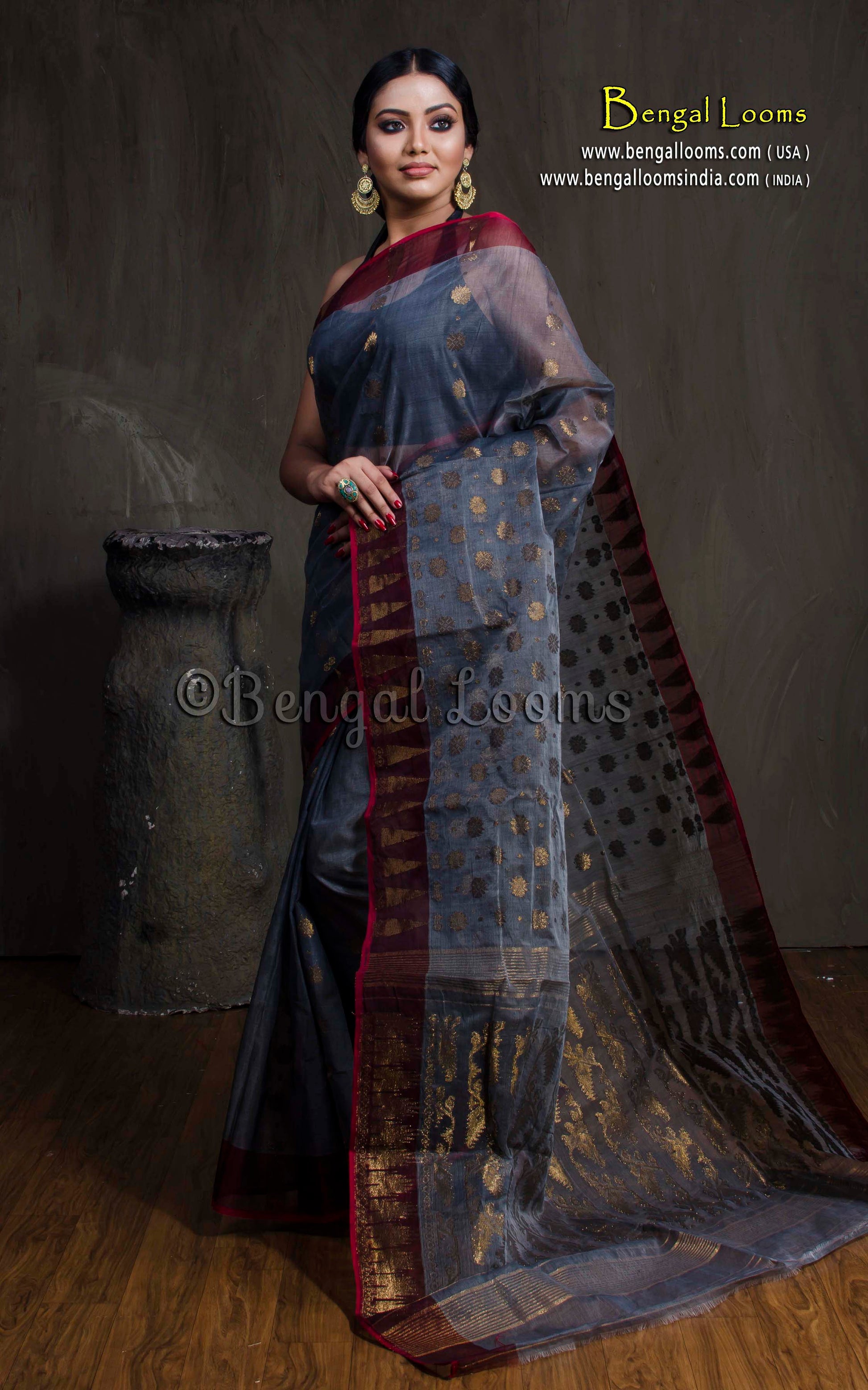 Soft Dhakai Jamdani Saree in Charcoal Black, Red and Antique Gold