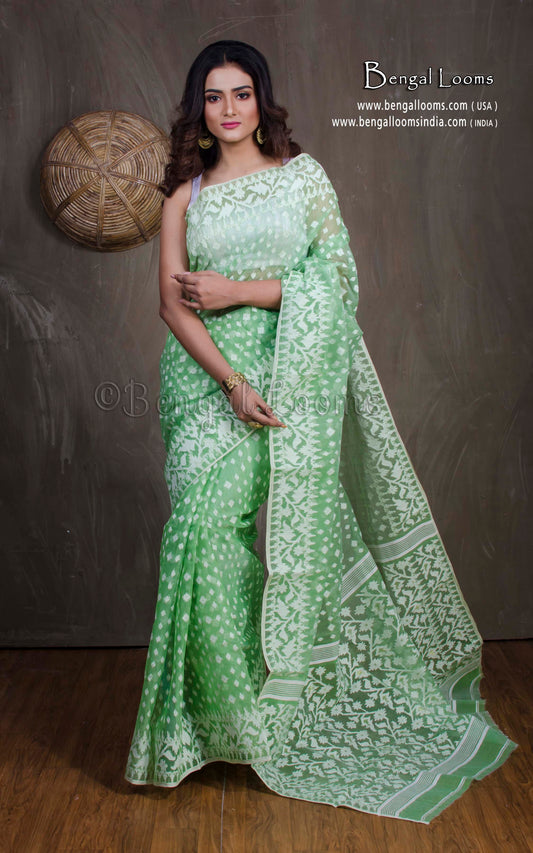 Sholapuri Work Jamdani Saree in Light Pastel Green and Off White