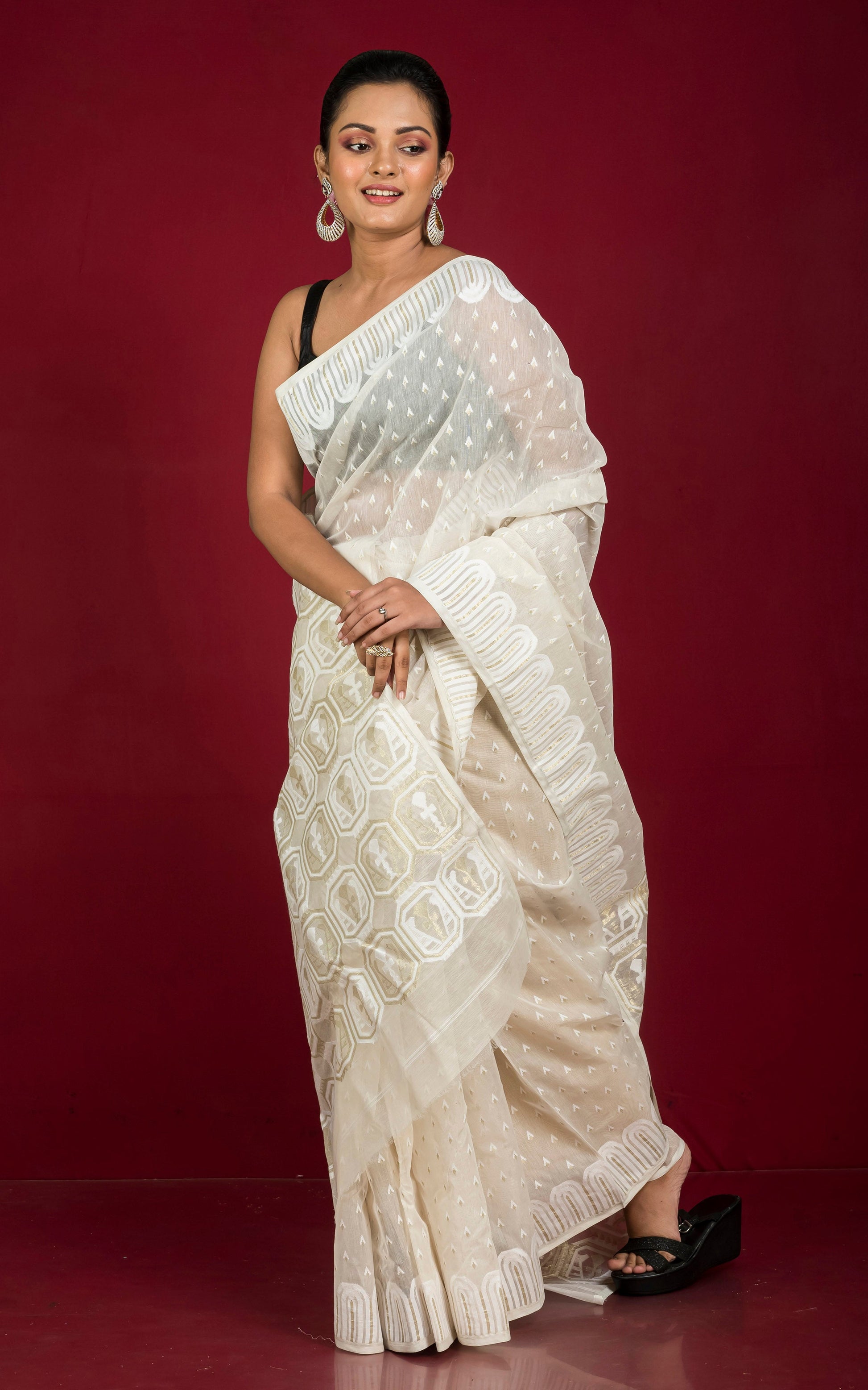 Handwoven Minakari Jamdani Saree in Off White, White and Golden