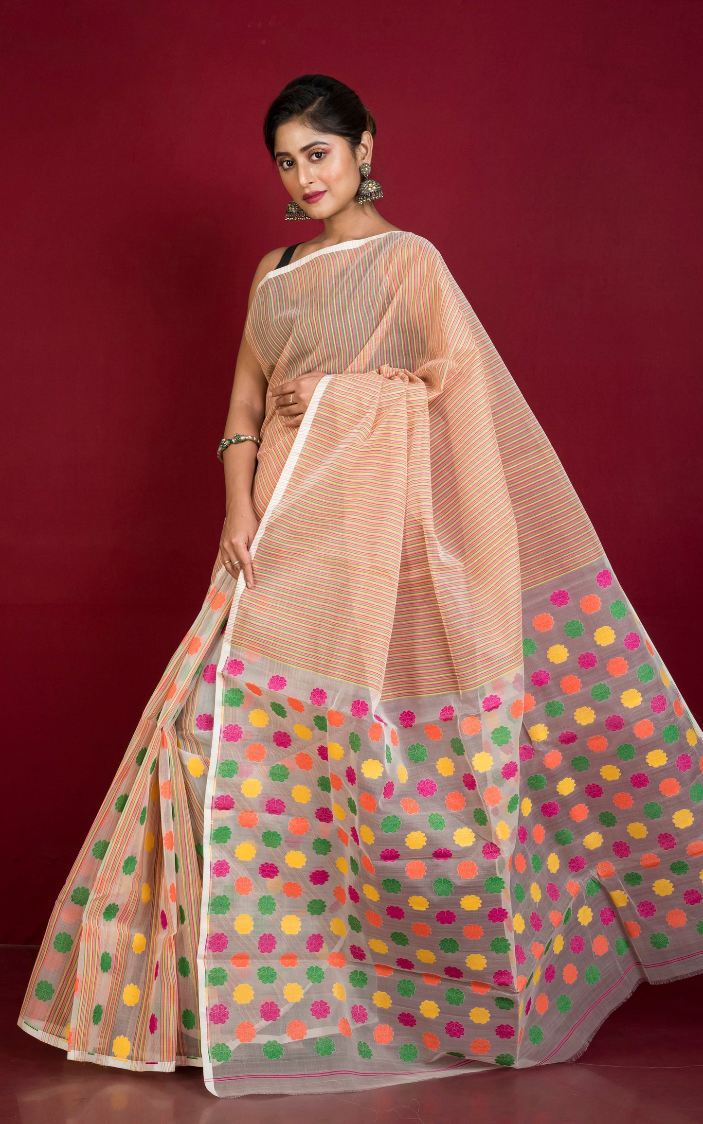 Patli Pallu Nakshi Floral Work & Multicolored Woven Stripes on Off White Base Resham Jamdani Silk Saree