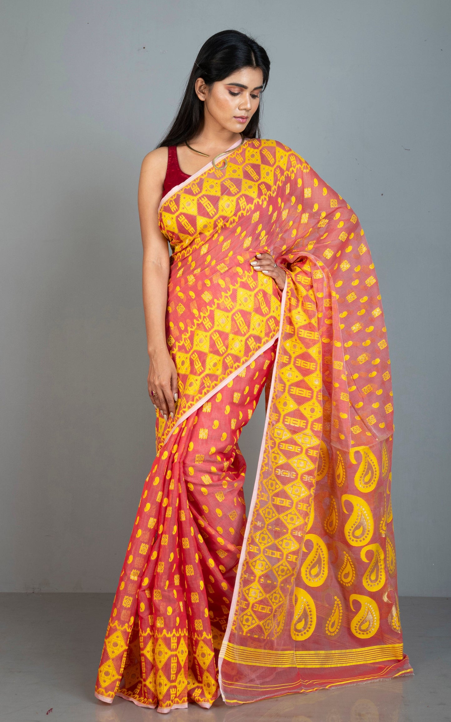 Traditional Soft Jamdani Saree in Peach, Pastel Yellow and Gold