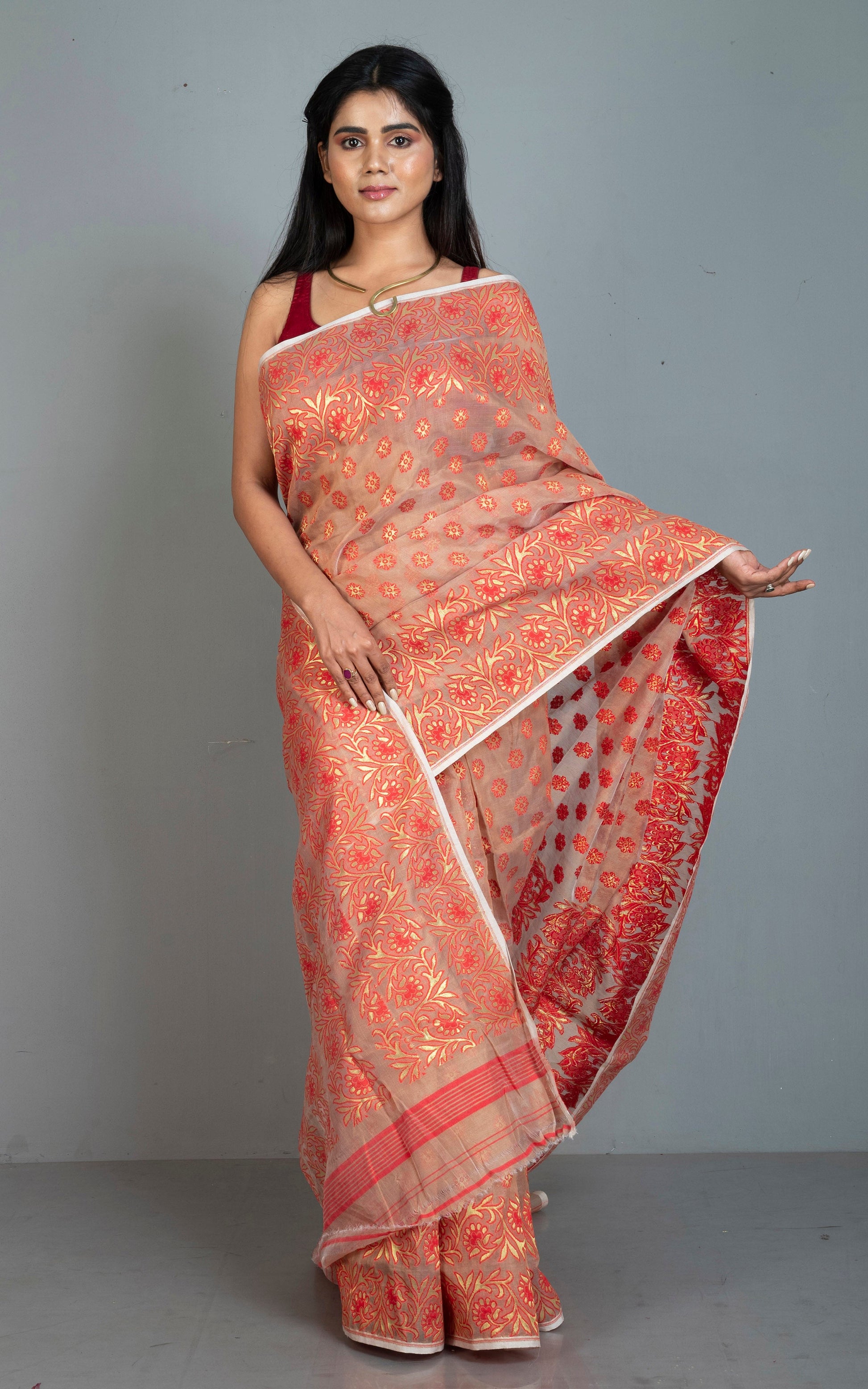 Traditional Soft Jamdani Saree in Warm Beige, Red and Gold