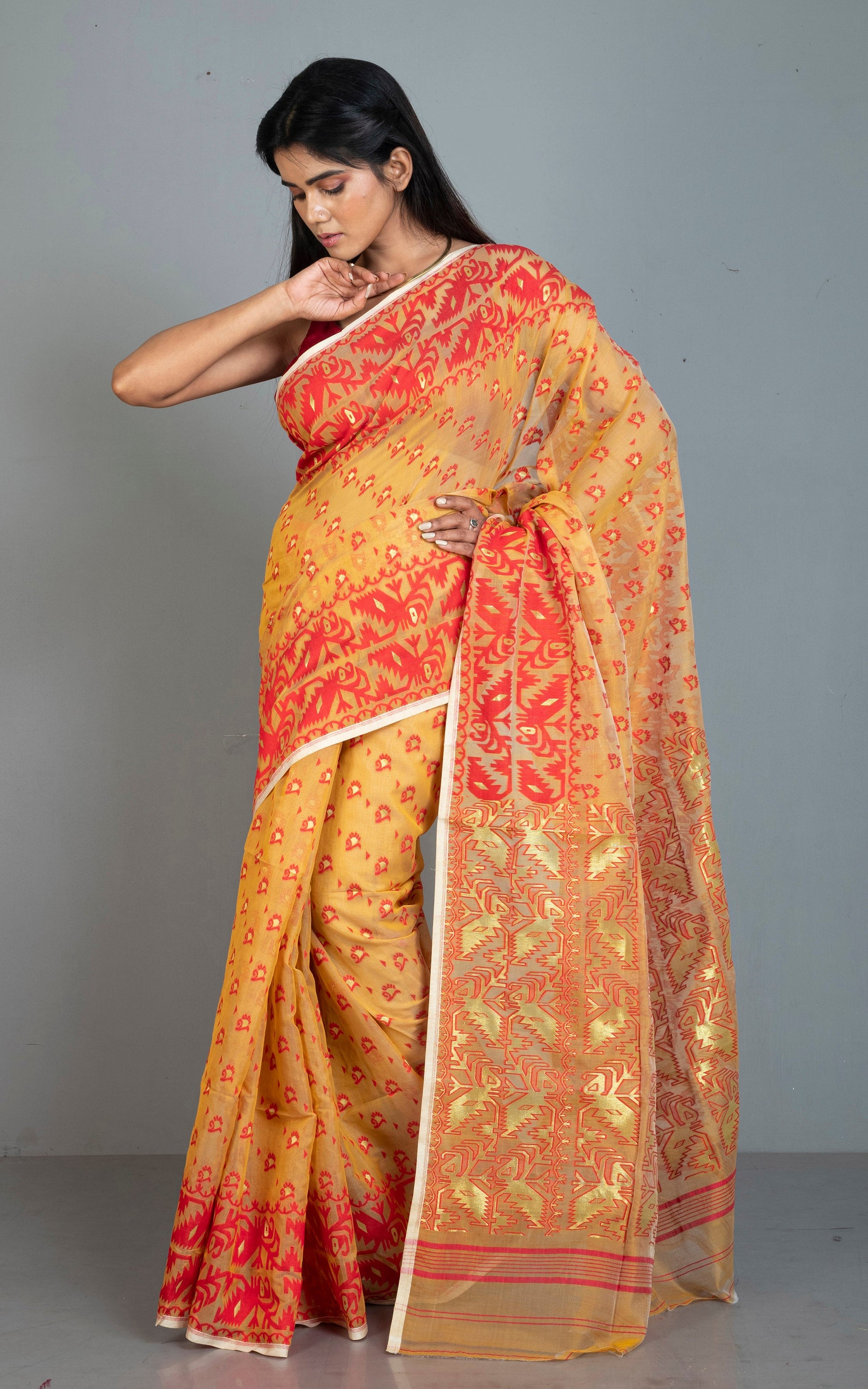 Traditional Soft Jamdani Saree in Butterscotch, Red and Gold