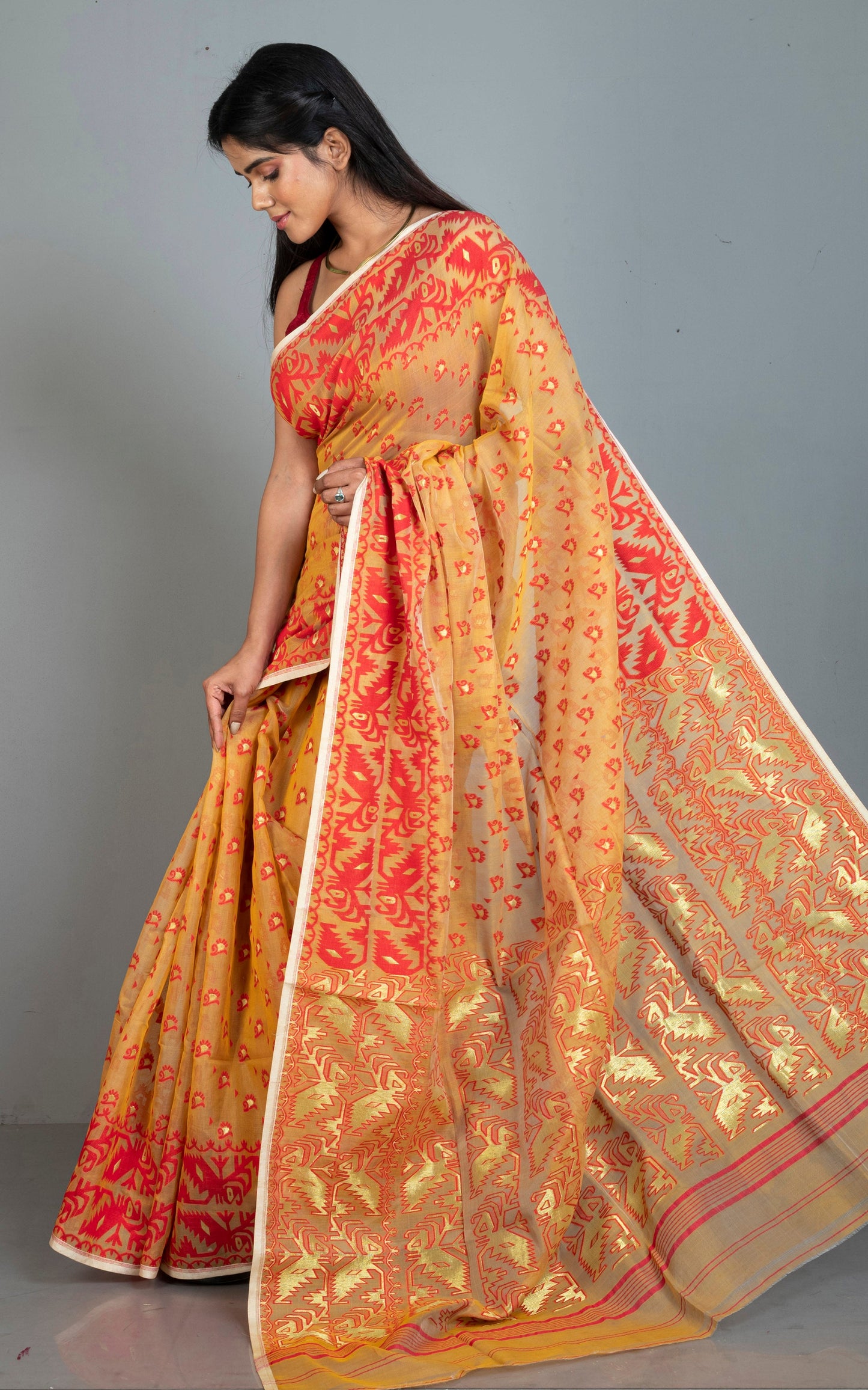 Traditional Soft Jamdani Saree in Butterscotch, Red and Gold