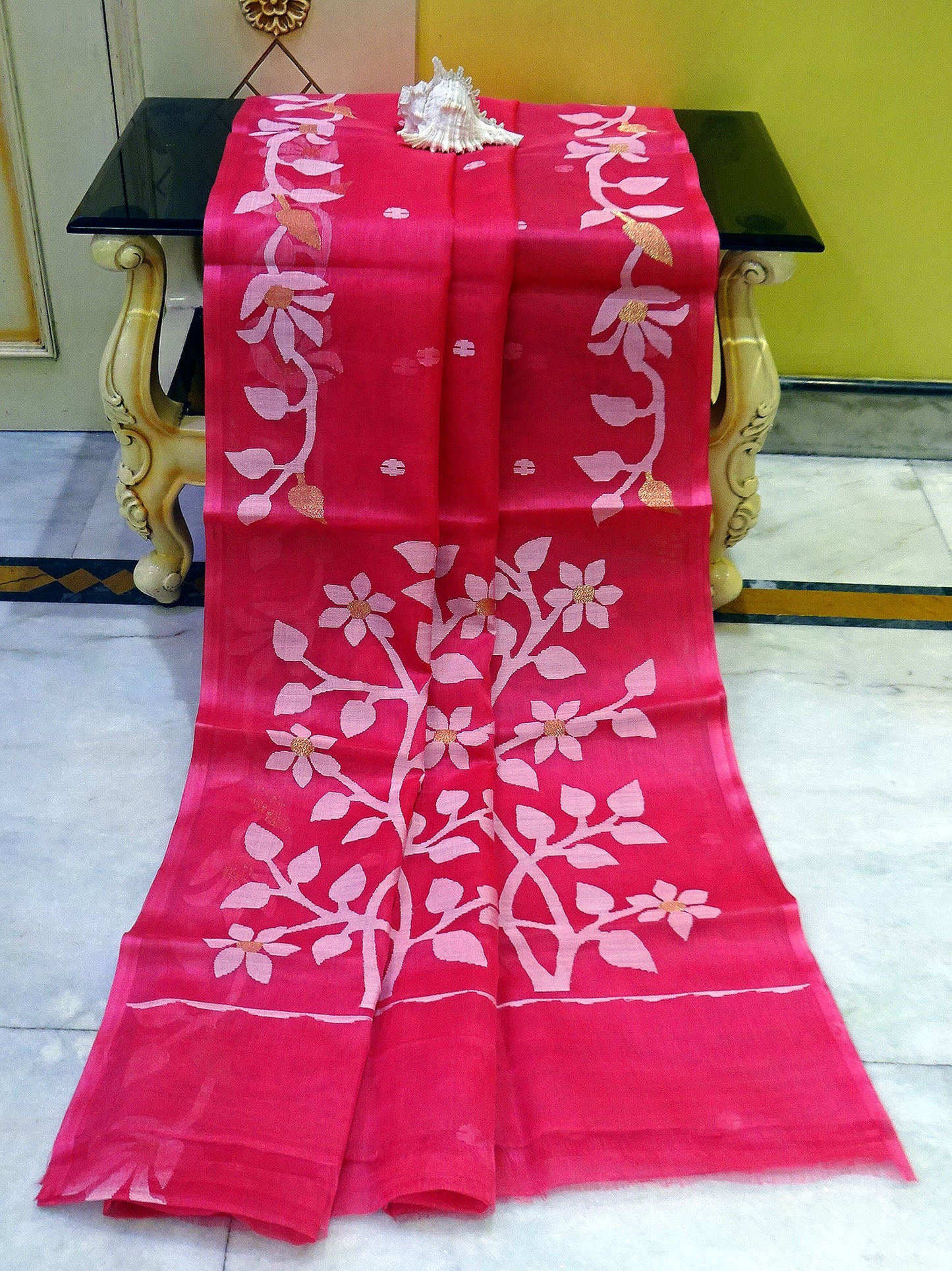 Silk Jamdani Saree in Strawberry Pink, White and Gold