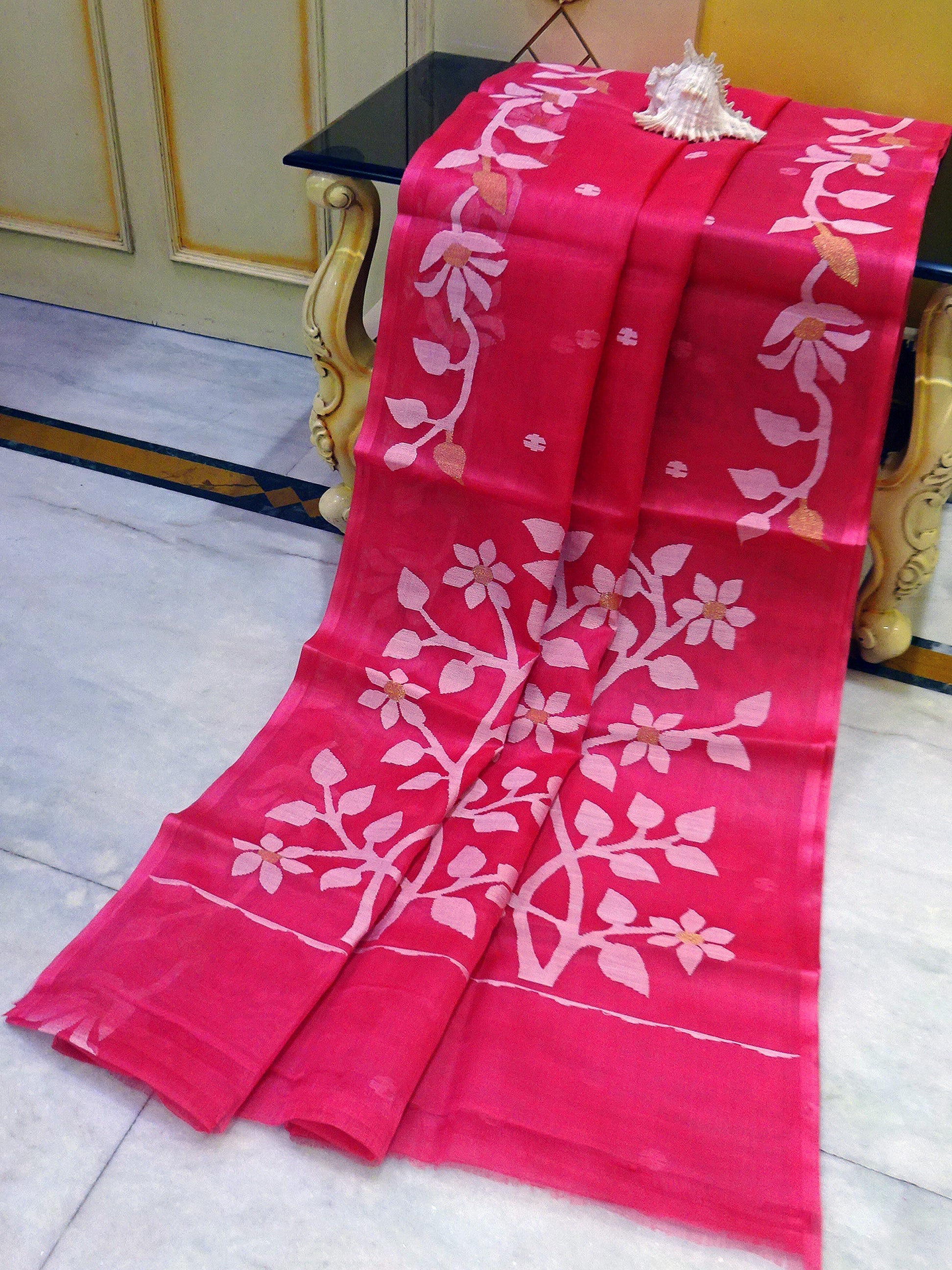 Silk Jamdani Saree in Strawberry Pink, White and Gold