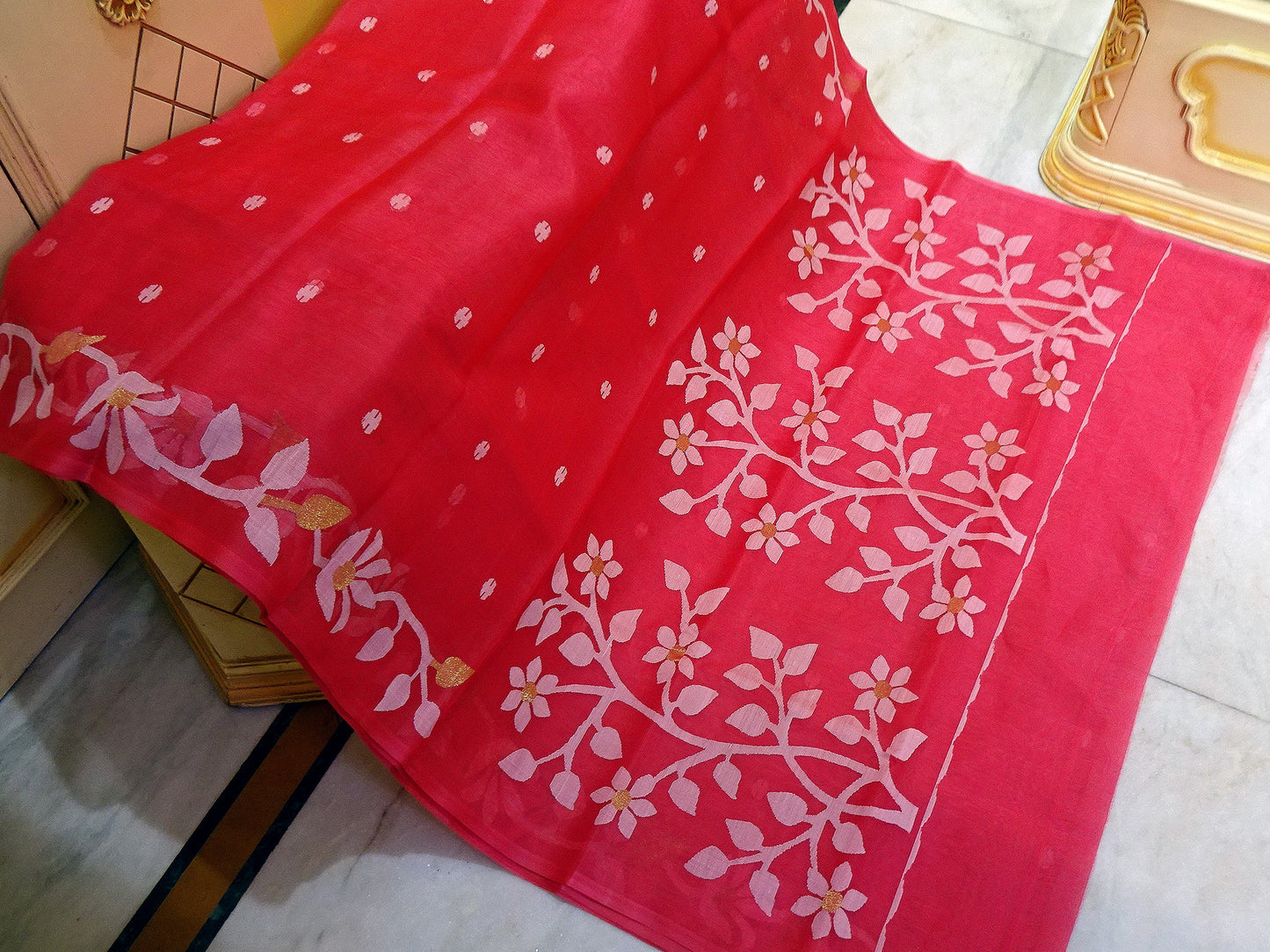 Silk Jamdani Saree in Strawberry Pink, White and Gold