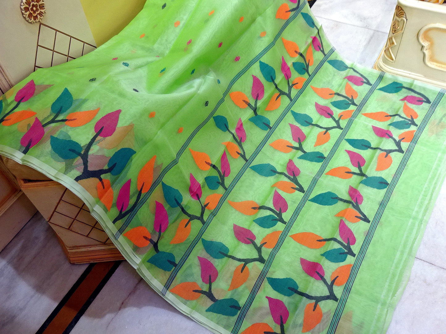 Leaf Motif Nakshi Silk Jamdani Saree in Mint Green and Multicolored Thread Work