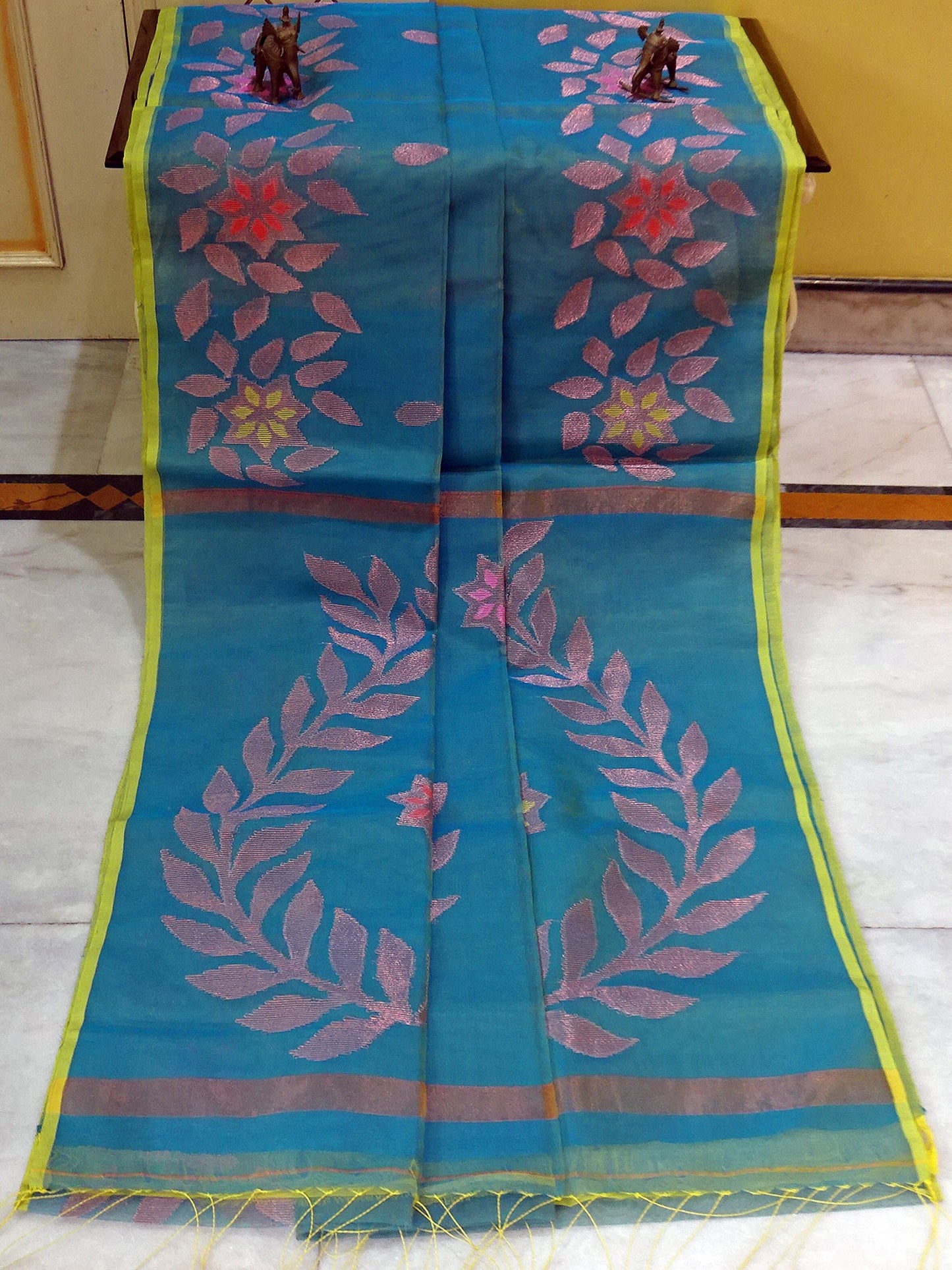 Authentic Soft Silk Muslin Jamdani Saree in Tiffany Blue, Titanium Yellow, Copper and Multicolored Meenakari Work