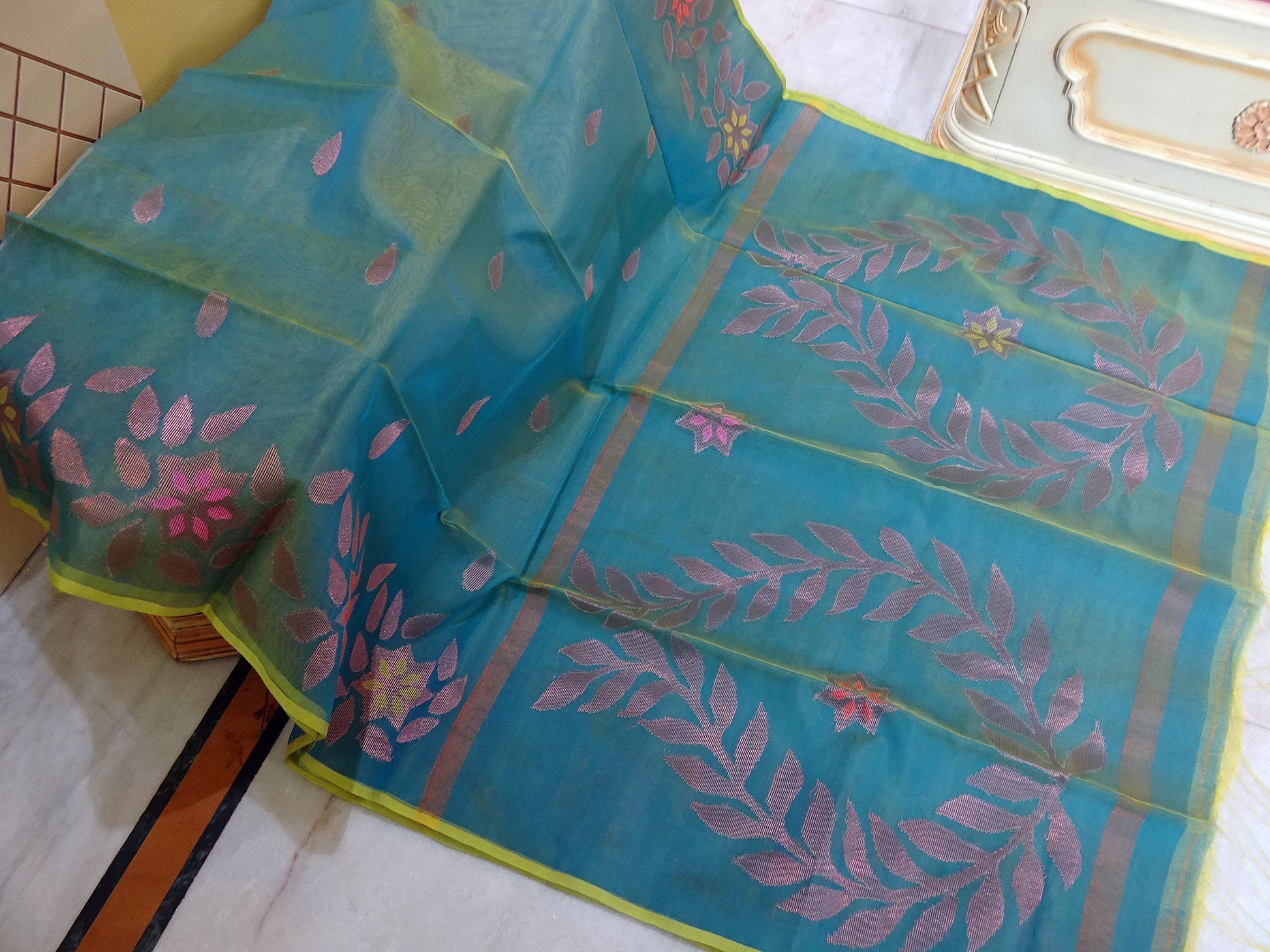 Authentic Soft Silk Muslin Jamdani Saree in Tiffany Blue, Titanium Yellow, Copper and Multicolored Meenakari Work