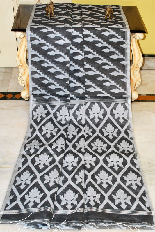 Sholapuri Work Soft Muslin Jamdani Silk Saree in Charcoal Black and Off White Thread Work