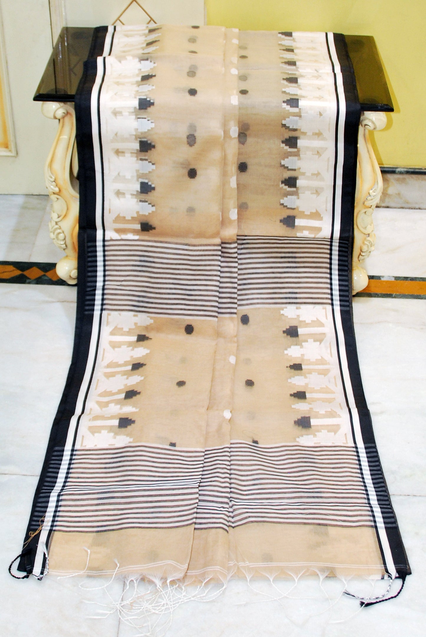 Sholapuri Thread Work Soft Resham Jamdani Silk Saree in Warm Beige, Black and Off White