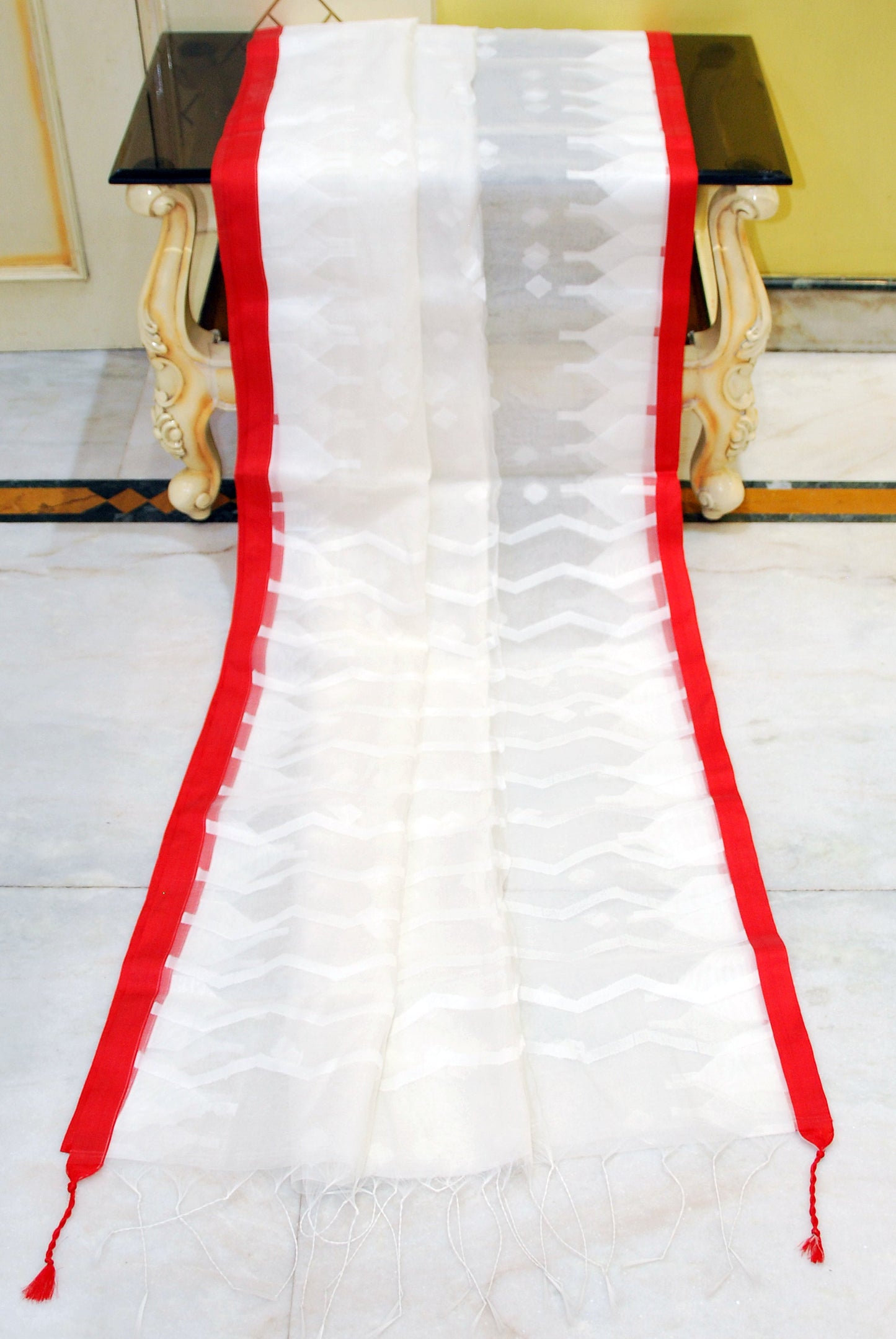 Sholapuri Thread Work Soft Resham Jamdani Silk Saree in Off White, White and Red