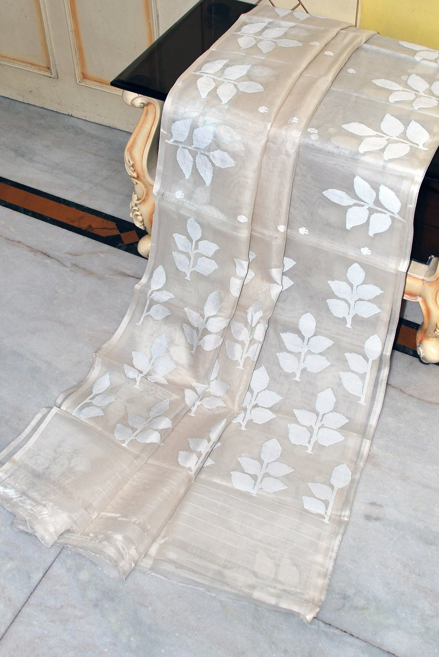 Soft Muslin Silk Jamdani Saree in Off White and White Thread Work