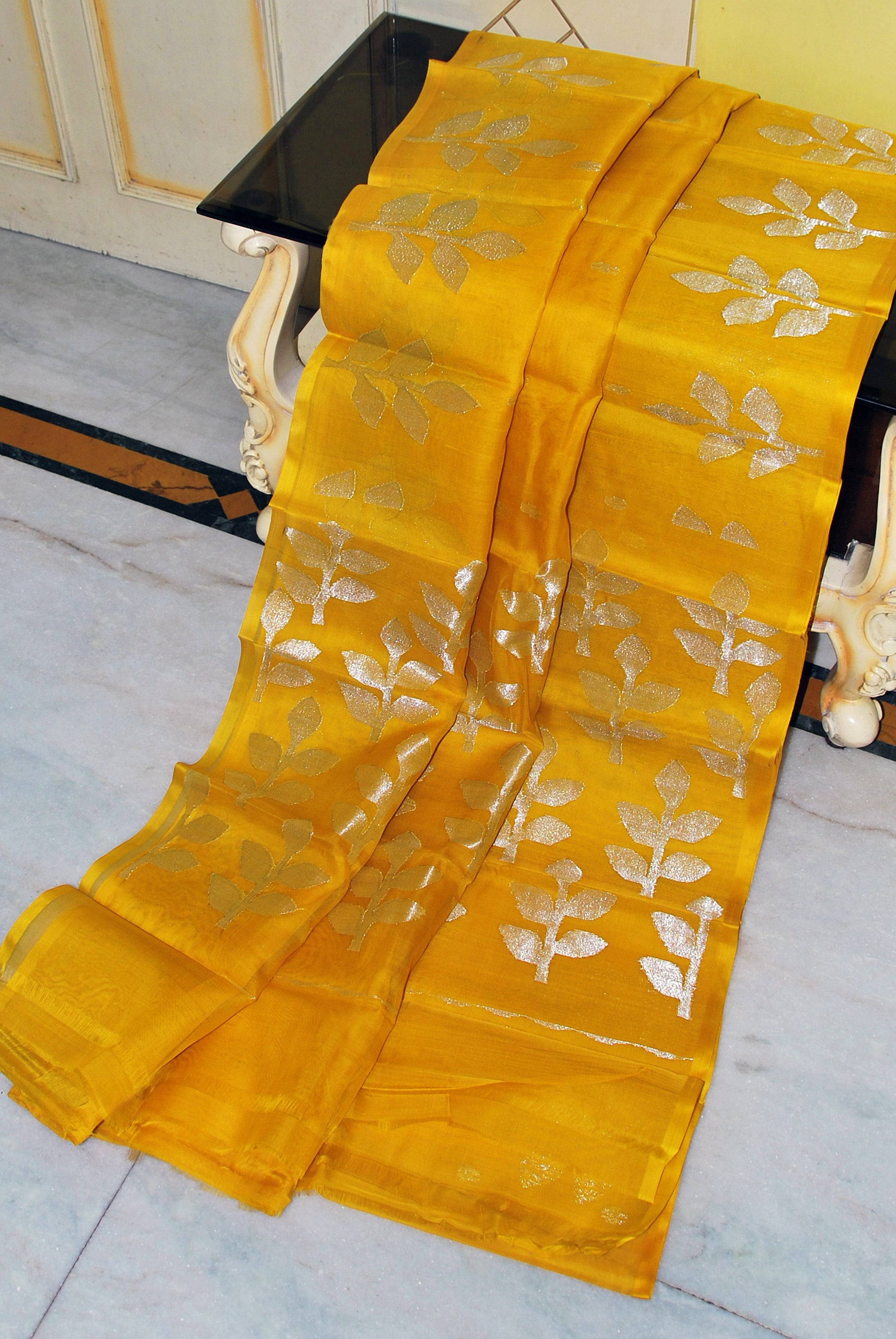 Soft Muslin Silk Jamdani Saree in Honey Yellow and Silver Zari Work