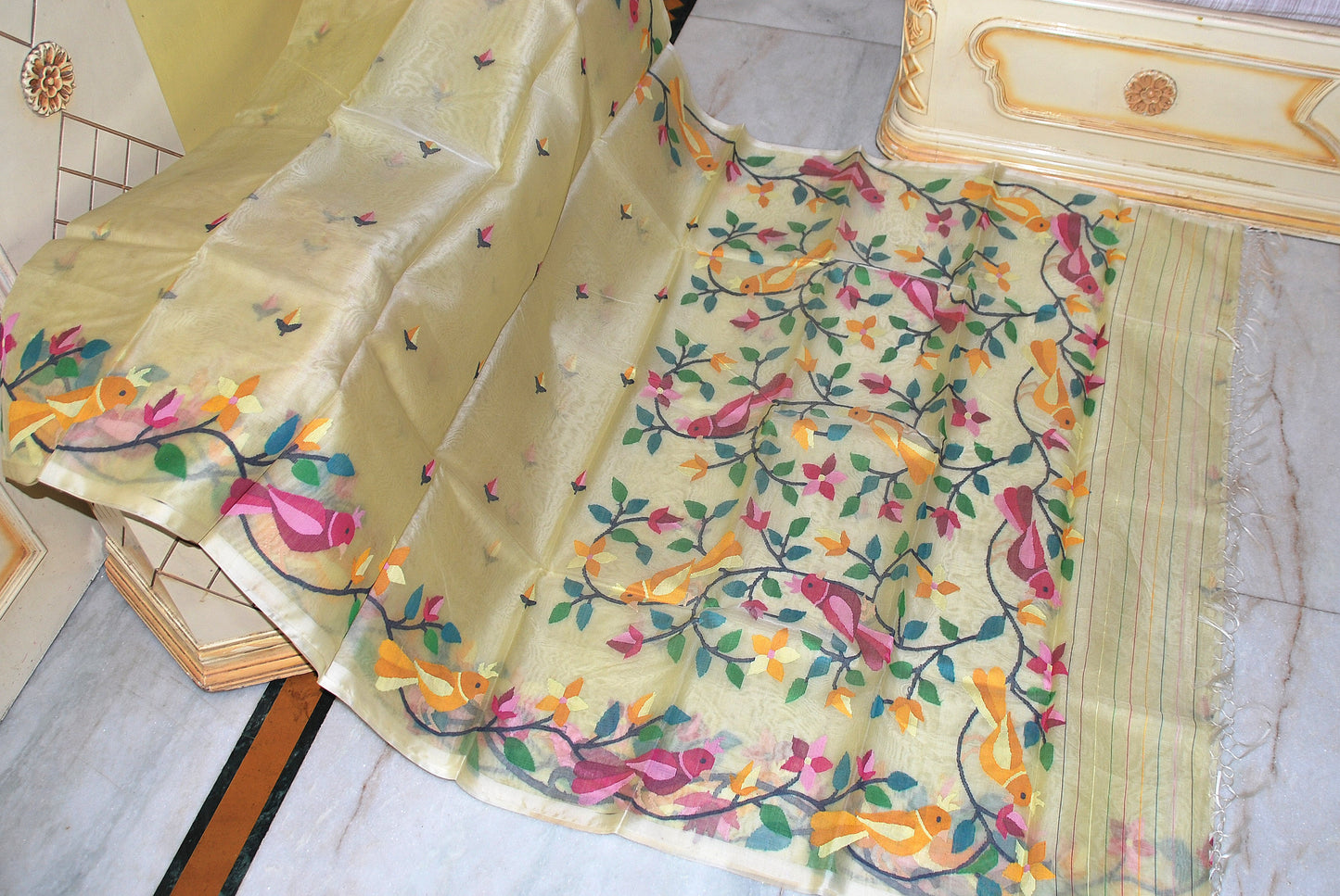 Premium Hand Woven Broad Border Nakshi Work Muslin Silk Dhakai Jamdani Saree in Pastel Yellow, Black and Multicolored Minakari Thread Work