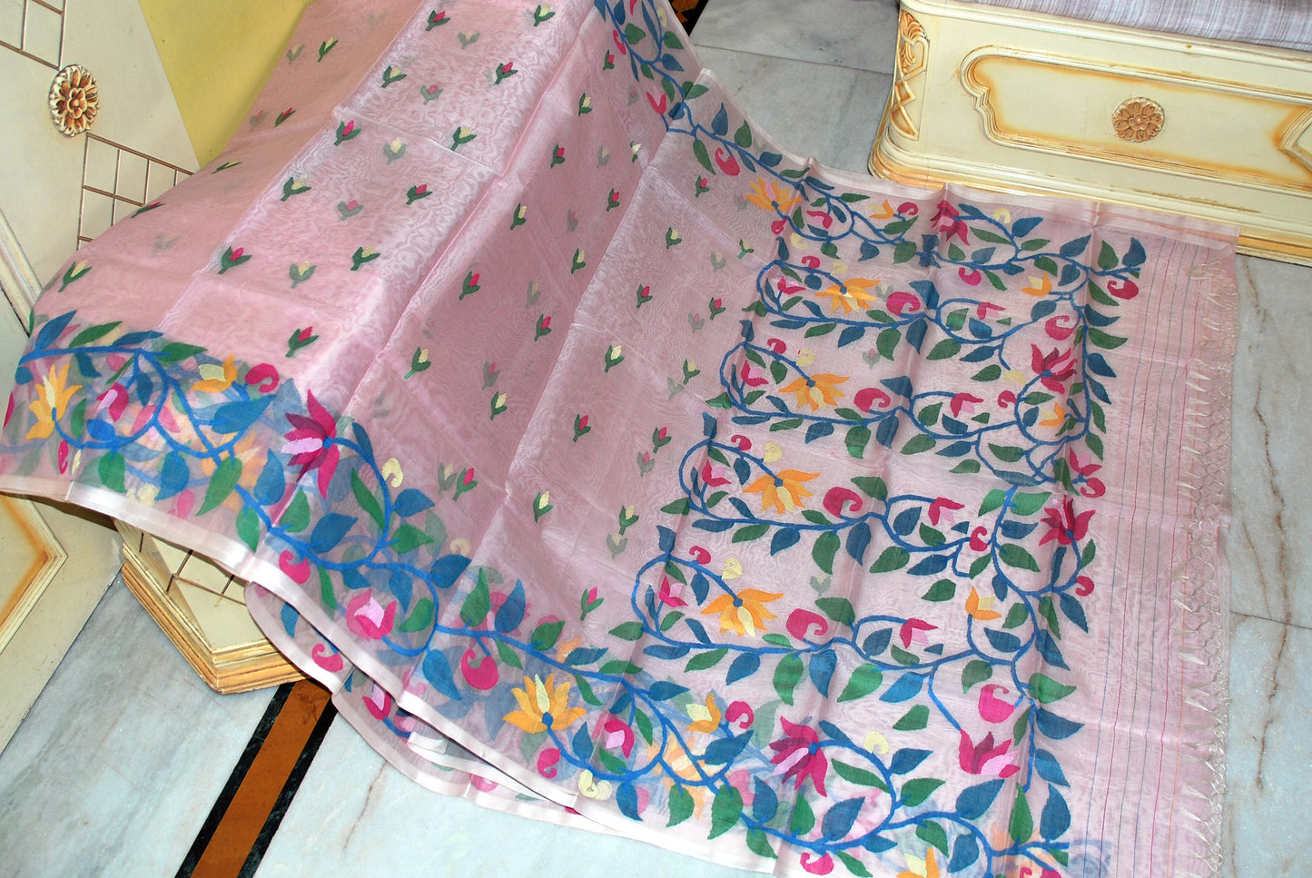 Premium Hand Woven Broad Border Nakshi Work Muslin Silk Dhakai Jamdani Saree in Cotton Pink, Blue and Multicolored Minakari Thread Work