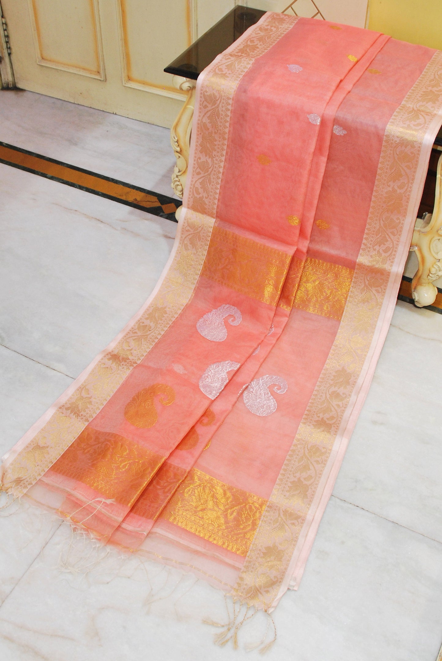 Soft Muslin Silk Banarasi Saree in Peach, Off White, Golden and Silver Zari Work