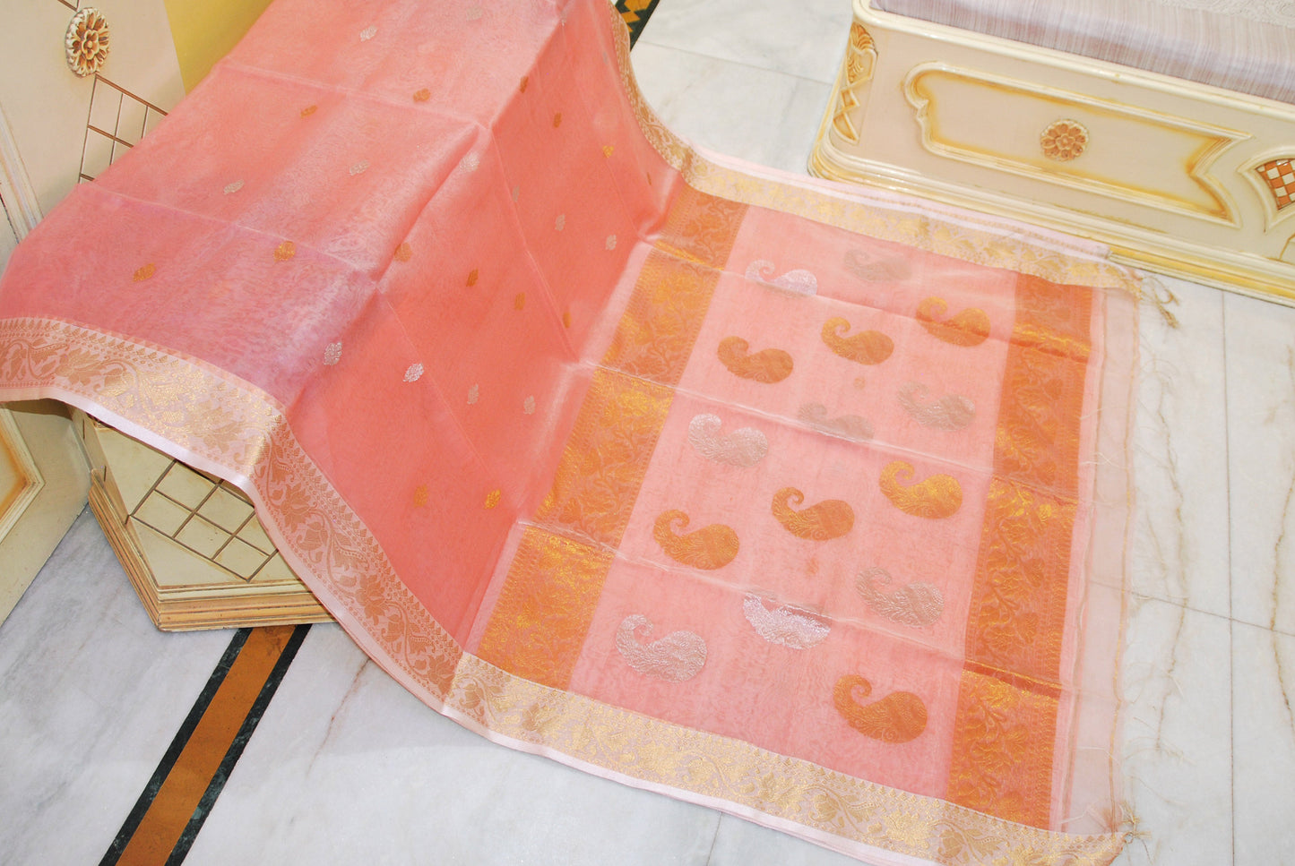 Soft Muslin Silk Banarasi Saree in Peach, Off White, Golden and Silver Zari Work