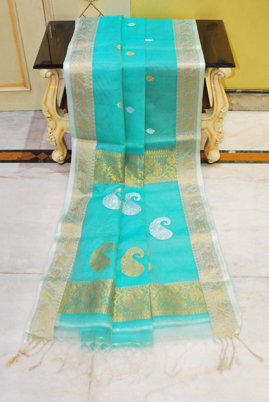 Soft Muslin Silk Banarasi Saree in Sea green, Off White, Golden and Silver Zari Work