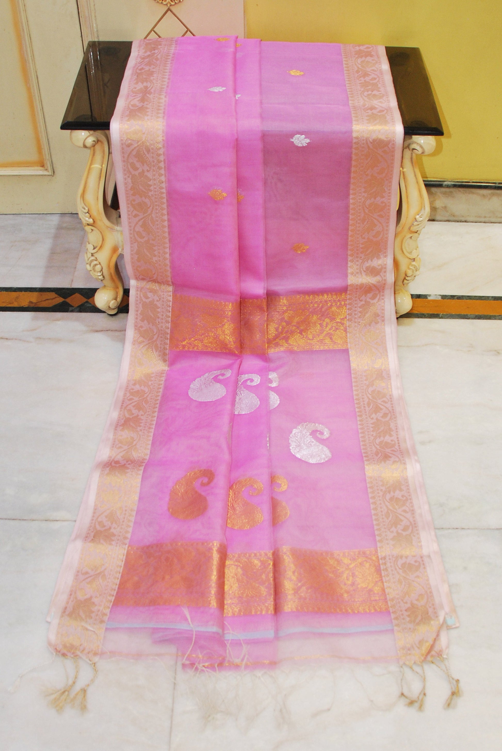 Soft Muslin Silk Banarasi Saree in Pastel Pink, Off White, Golden and Silver Zari Work