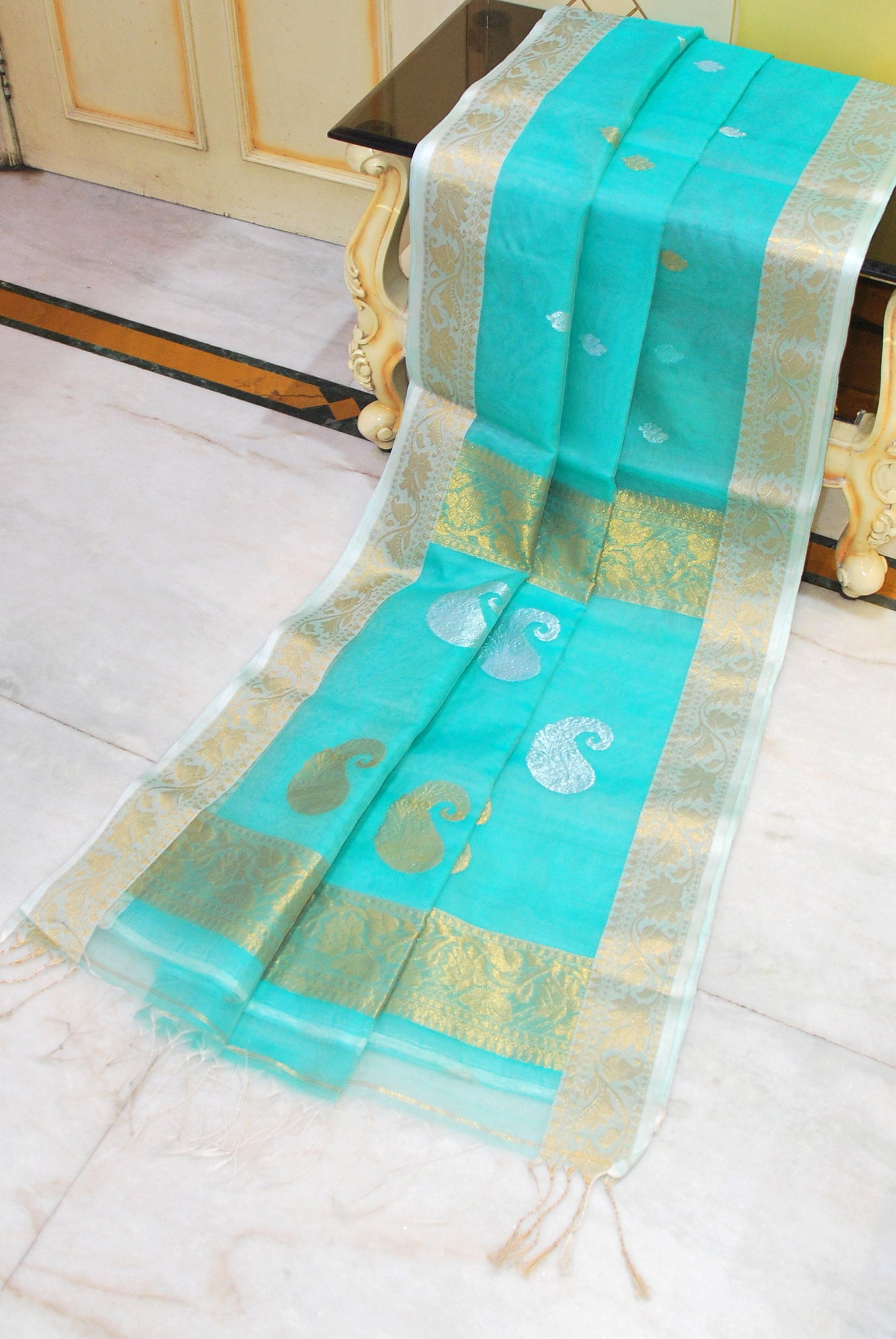 Soft Muslin Silk Banarasi Saree in Sea green, Off White, Golden and Silver Zari Work