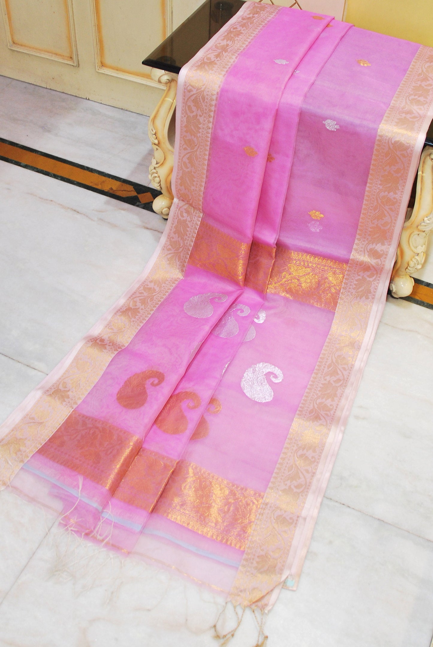 Soft Muslin Silk Banarasi Saree in Pastel Pink, Off White, Golden and Silver Zari Work