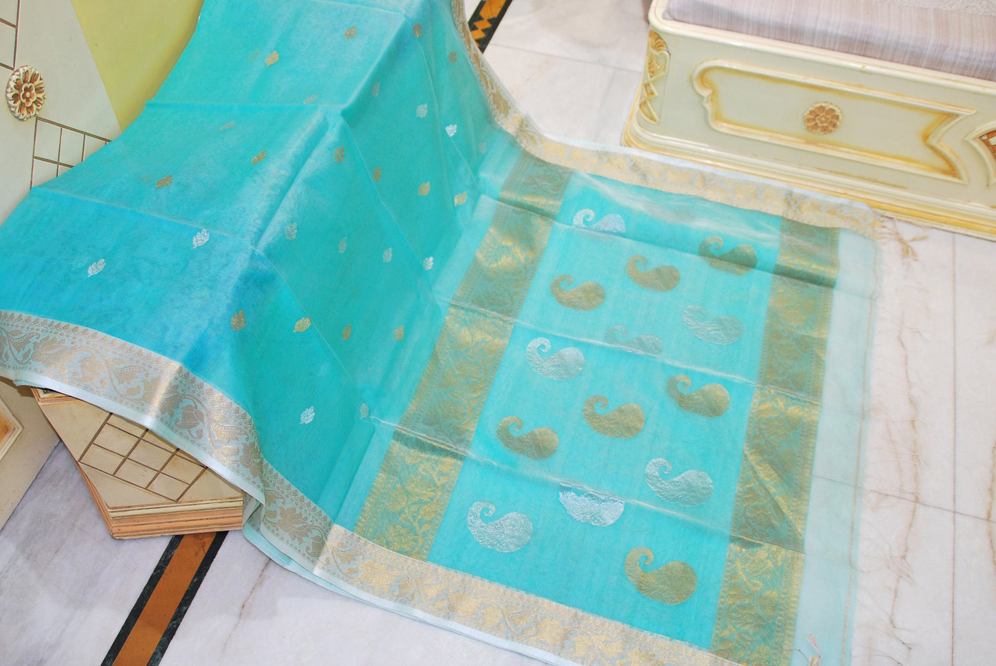 Soft Muslin Silk Banarasi Saree in Sea green, Off White, Golden and Silver Zari Work