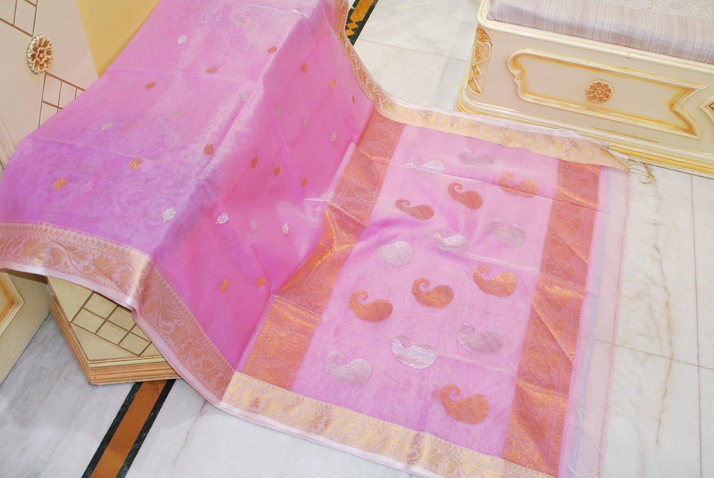 Soft Muslin Silk Banarasi Saree in Pastel Pink, Off White, Golden and Silver Zari Work