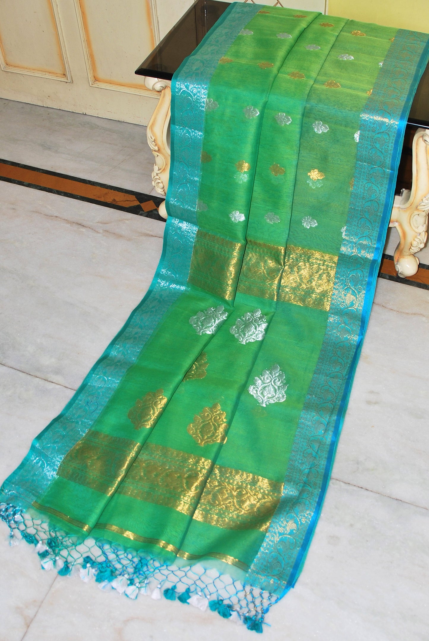 Soft Muslin Silk Banarasi Saree in Cool Green, Firoza, Golden and Silver Zari Work