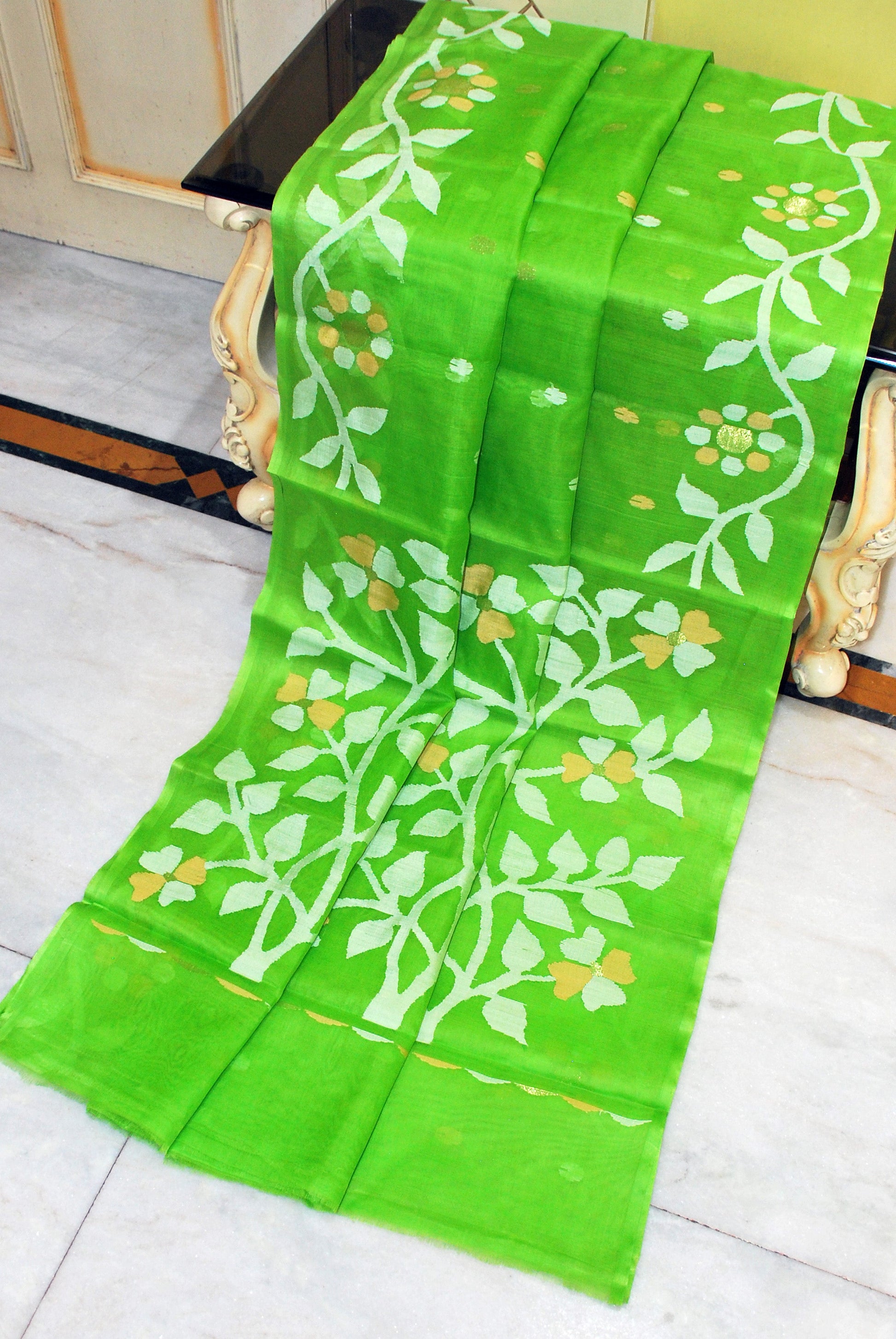 Muslin Silk Jamdani Saree in Bright Green, Off White and Beige Thread Work