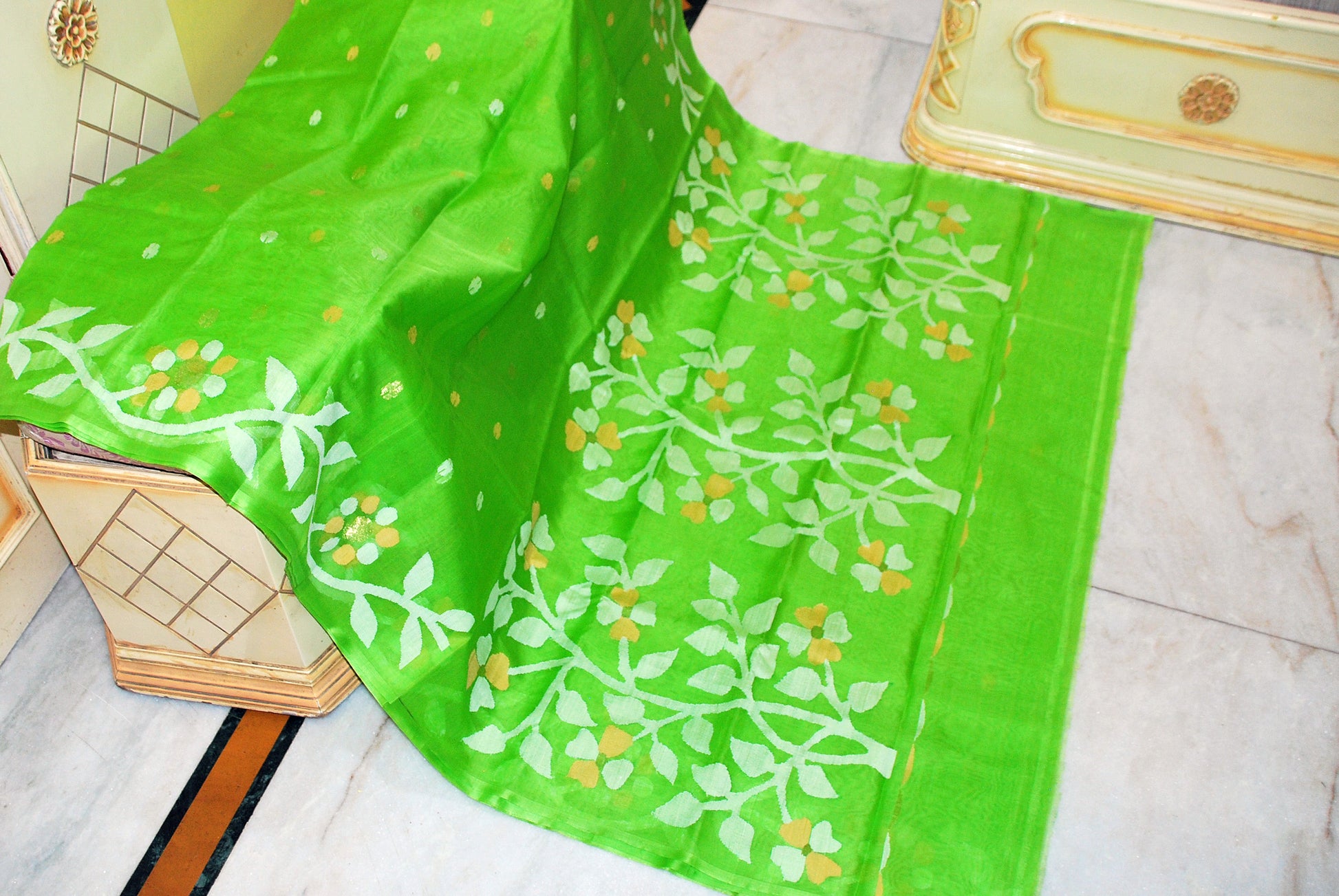 Muslin Silk Jamdani Saree in Bright Green, Off White and Beige Thread Work