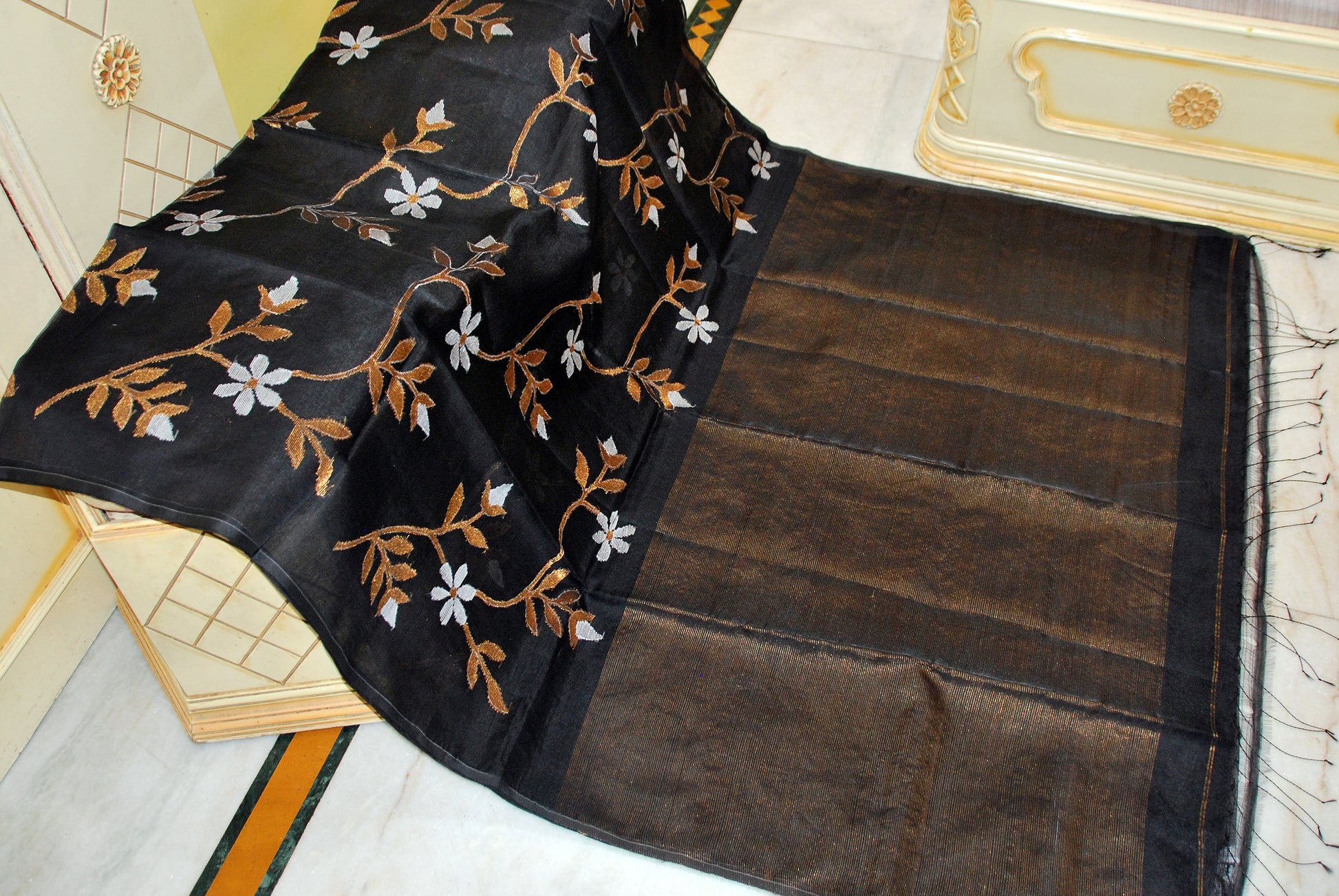 Premium Poth Muslin Silk Jamdani Saree with Jaal Floral Work in Black, Off White and Golden