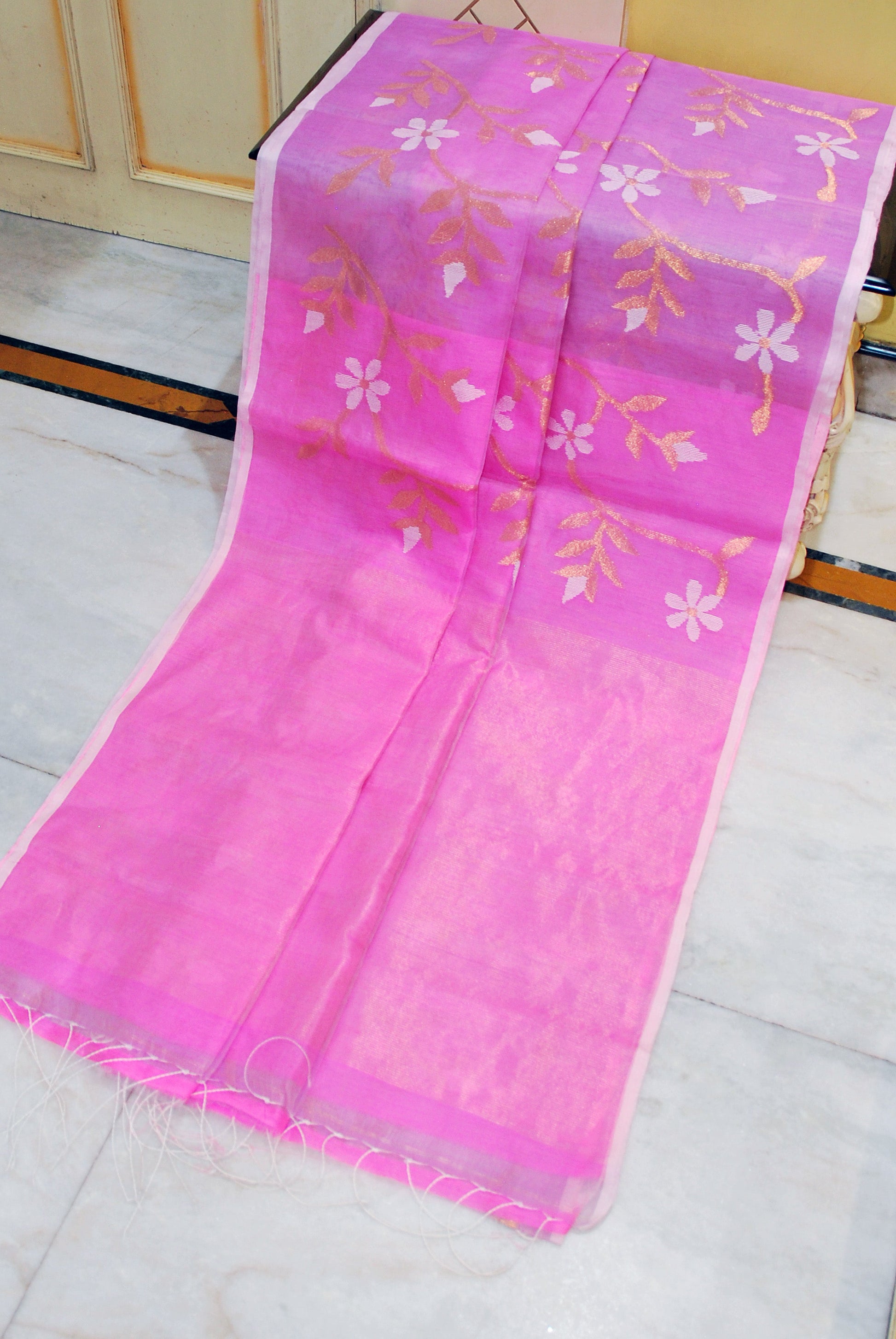 Premium Poth Muslin Silk Jamdani Saree with Jaal Floral Work in Cotton Pink, Off White and Golden