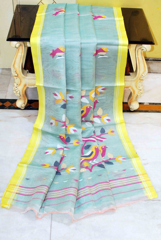 Muniya Woven Motif Silk Muslin Jamdani Saree in Light Teal, Pastel Yellow and Multicolored Thread Work