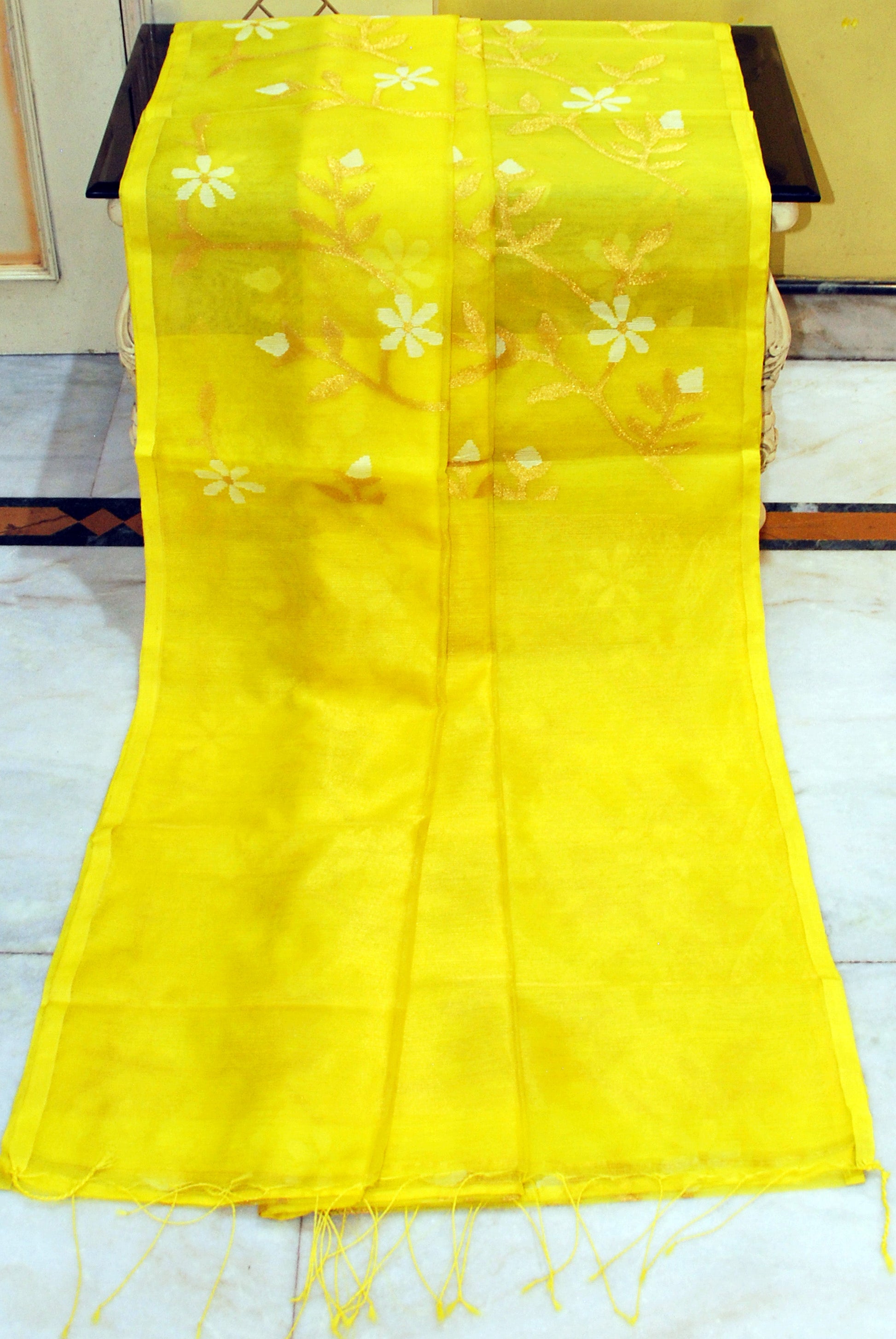 Premium Poth Muslin Silk Jamdani Saree with Jaal Floral Work in Yellow, Off White and Golden