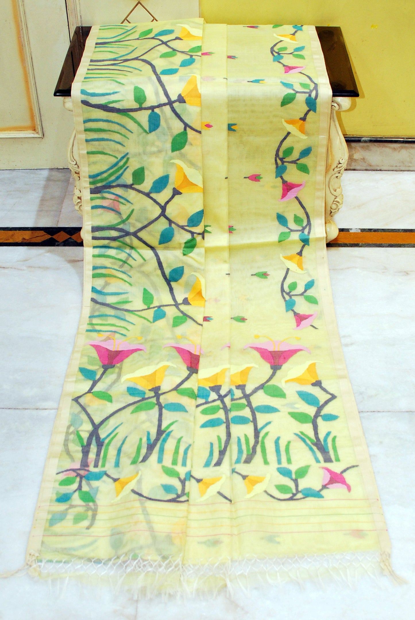 Premium Quality Hand Woven Floral Tulip Nakshi Work Muslin Silk Dhakai Jamdani Saree in Pastel Yellow and Multicolored Minakari Thread Work