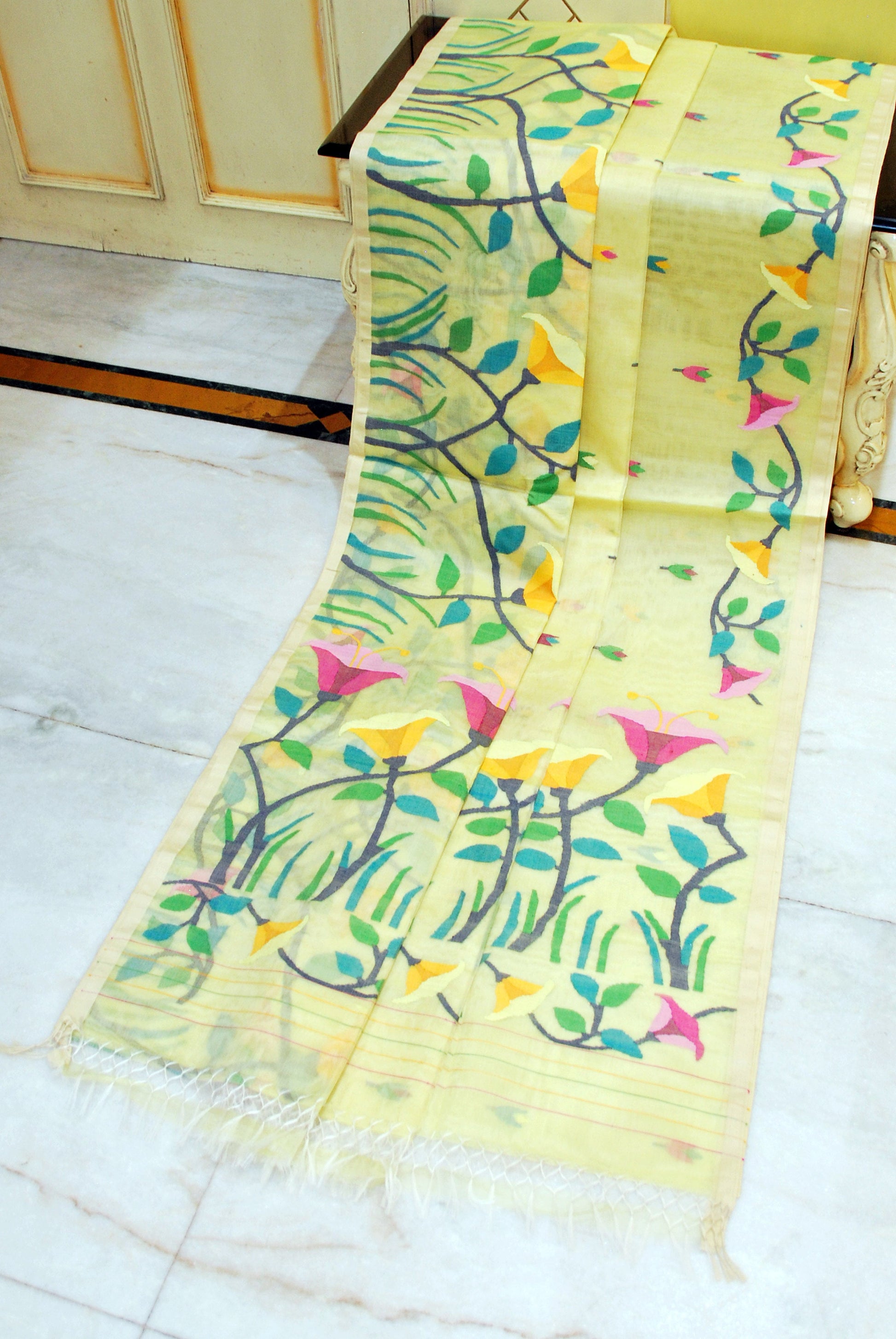 Premium Quality Hand Woven Floral Tulip Nakshi Work Muslin Silk Dhakai Jamdani Saree in Pastel Yellow and Multicolored Minakari Thread Work