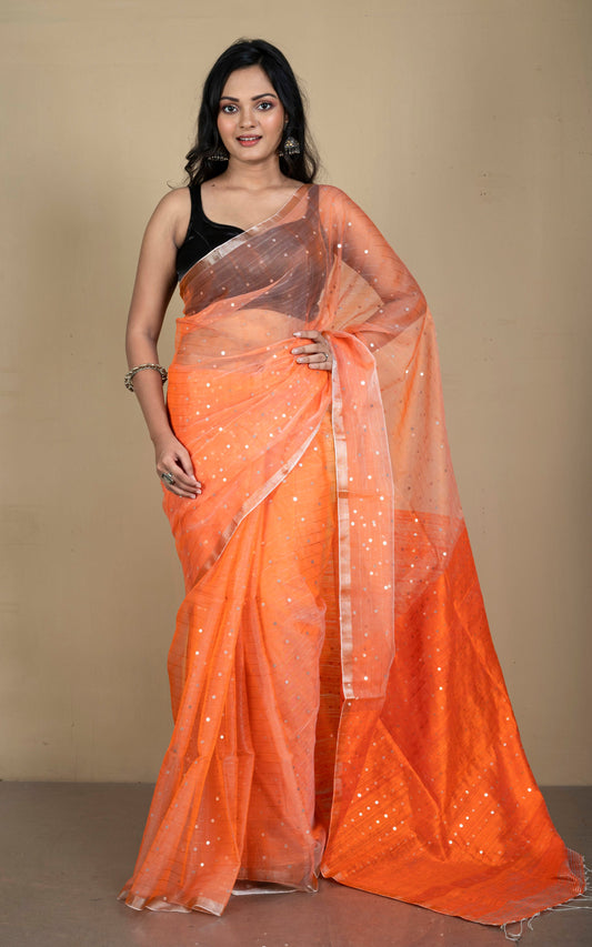 Sequin Inlaid Muslin Silk Saree with Raw Silk Pallu in Orange