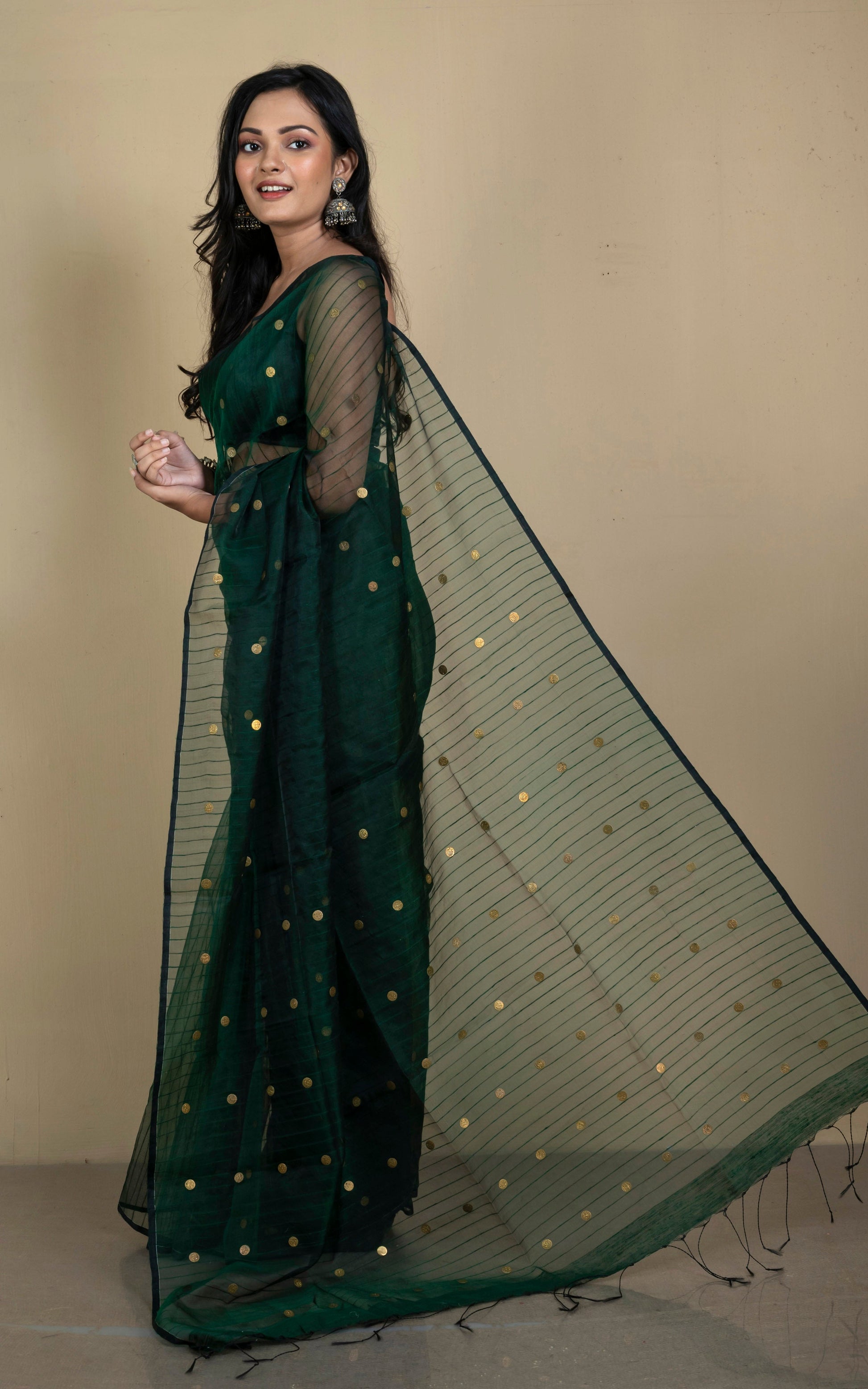 Designer Woven Antique Ginni Work Skirt Border Muslin Matka Silk Saree in Dark Green and Antique Gold