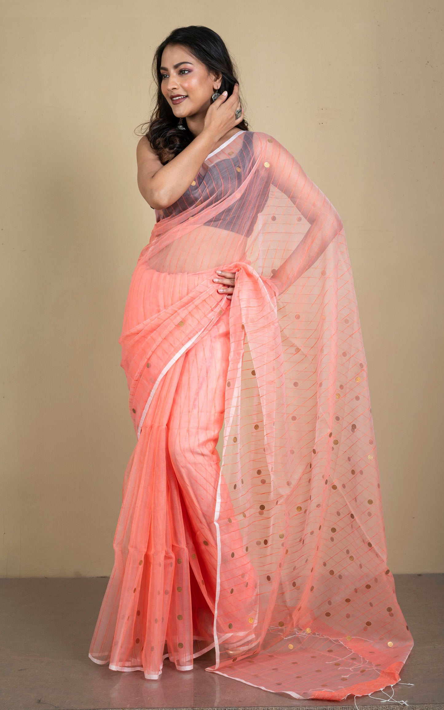 Designer Woven Antique Ginni Work Skirt Border Muslin Matka Silk Saree in Peach, Off White and Antique Gold